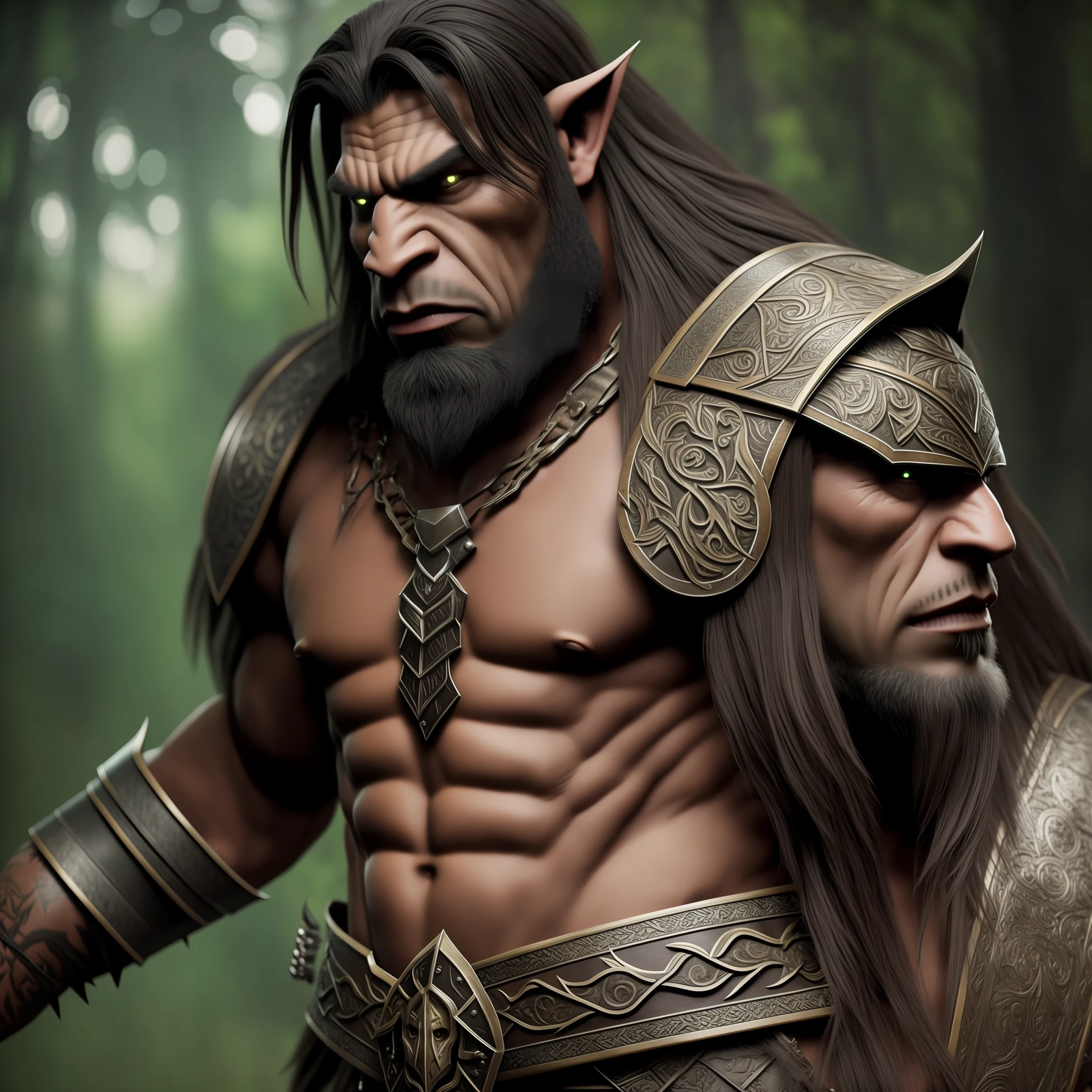 Orc male, long hair, beard, muscular, wearing animal leather clothing, iron armor adorned with animal bones, 8K, ultra realistic