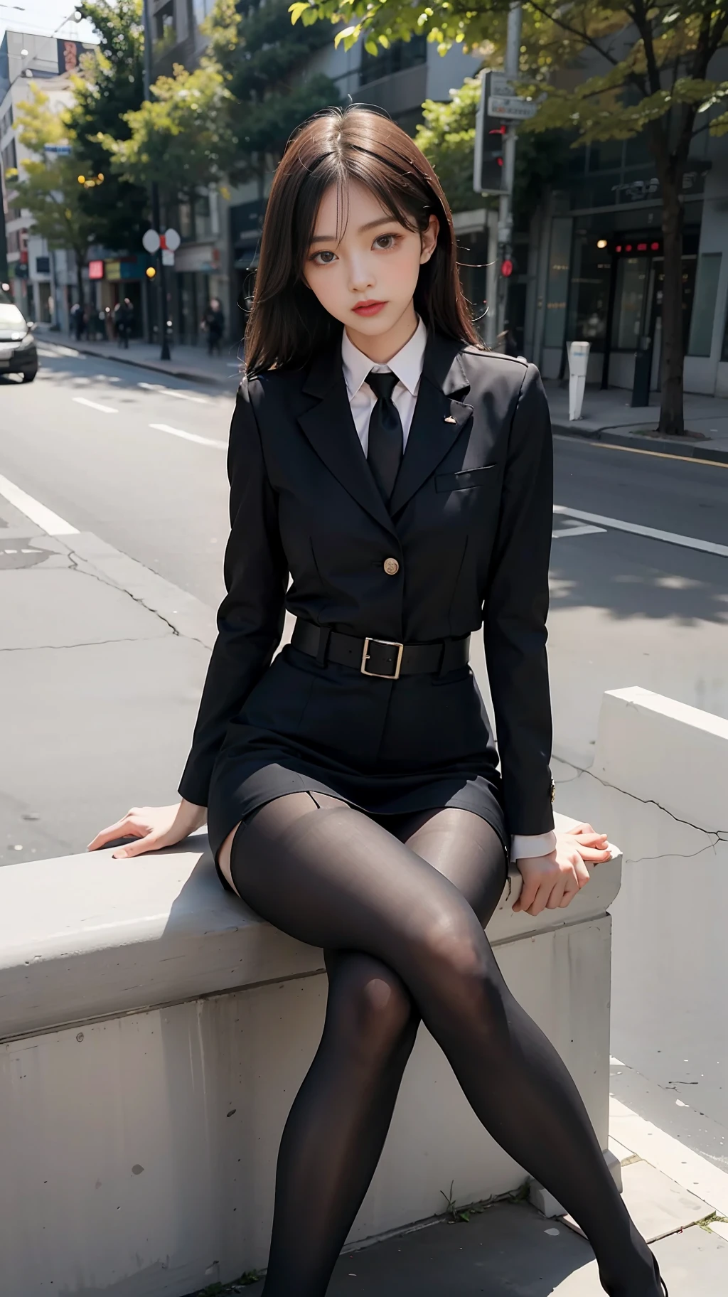 Best quality, full body portrait, delicate face, pretty face, 25 year old woman, slim figure, small bust, OL uniform, office clothes, black stockings, outdoor scene, sitting position
