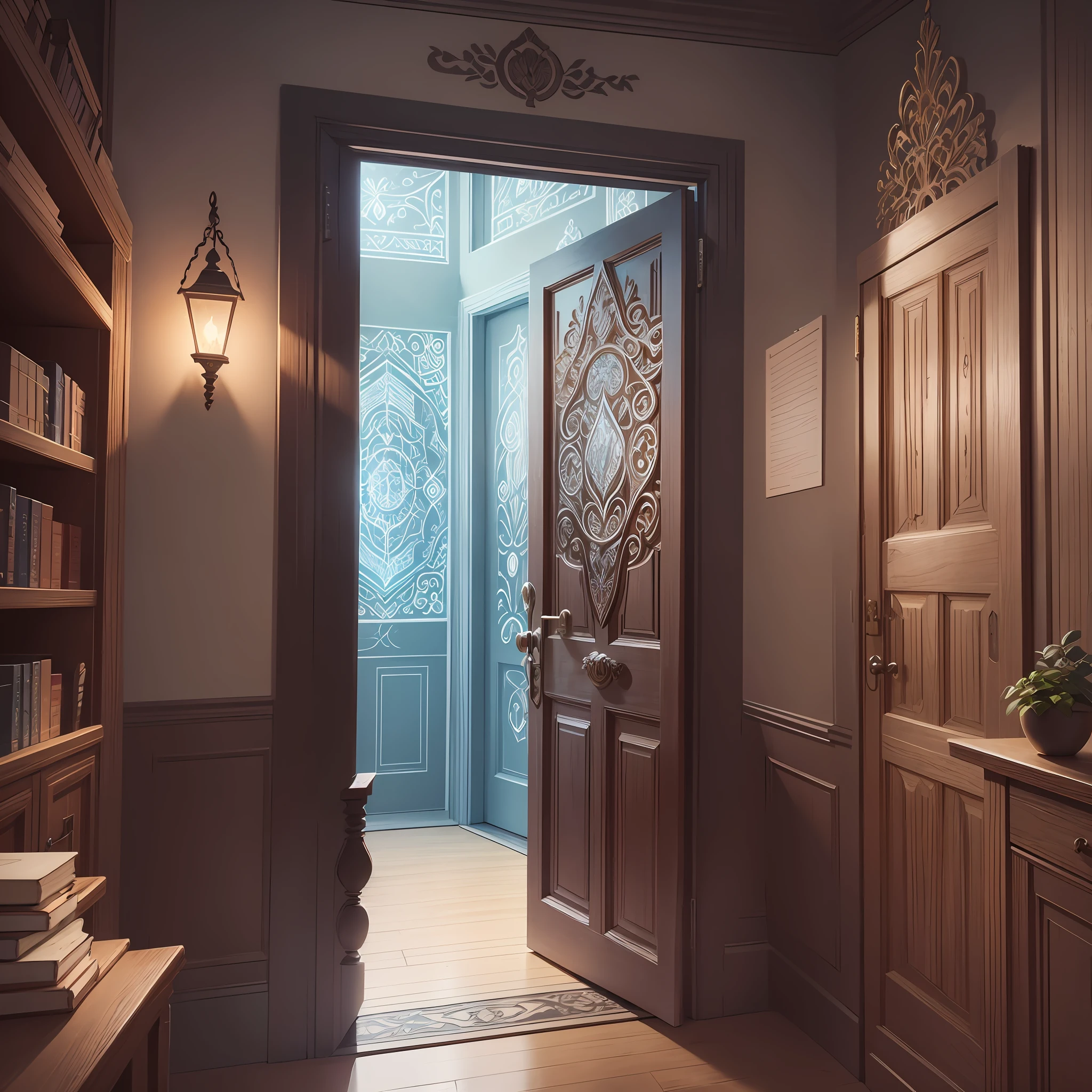 A mesmerizing illustration depicting a metaphorical open door, emanating a warm and inviting glow, representing the journey into online education. The illustration showcases a door with intricate carvings, surrounded by symbols of learning and progress. The open door symbolizes the transformative power of online courses, unlocking new horizons and providing endless opportunities for personal and professional development, Illustration, mixed media (digital and traditional), --ar 9:16 --v 5 --auto --s2