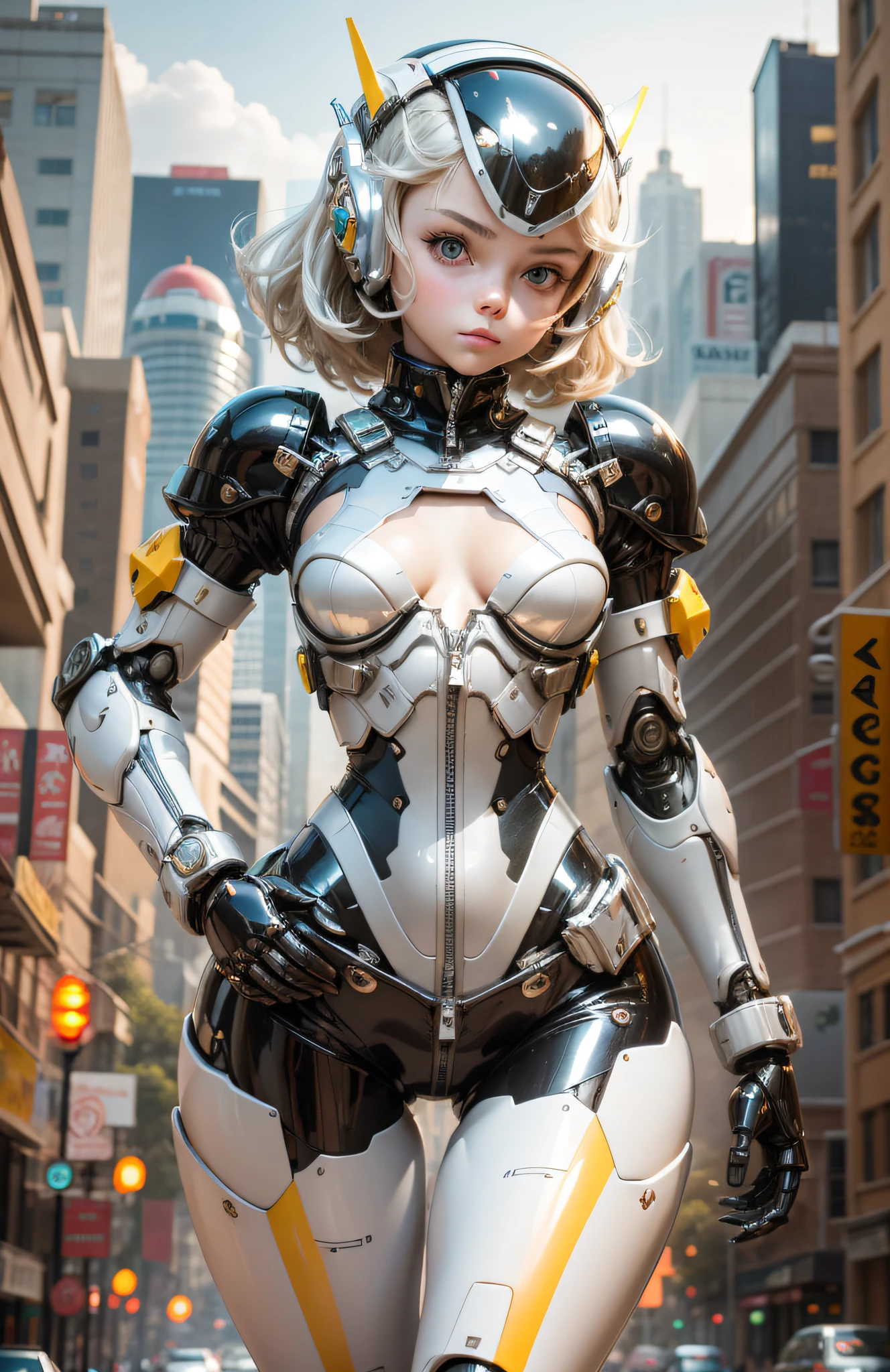 Very cute human 18 year old girl face, doll-like body with robot arm, robot waist and legs, very cute and feminine, short, petite, small, full hip, medium bust, tight-fitting white armor, cleavage, flat belly visible, helmet with antenna, robot joint, very stylish, Black rubber bodysuit with zipper