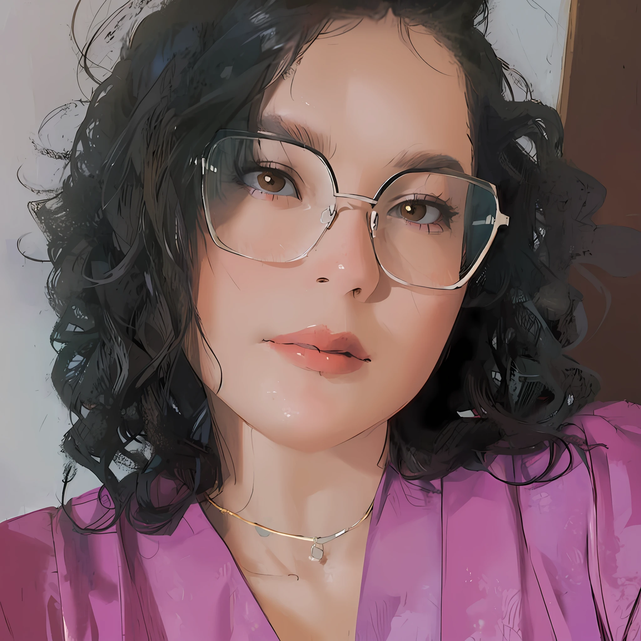 Transform the image into a painting, curly hair, dark brown eyes, golden necklace, glasses, purple dress, sexy look, looking at the viewer, 4k, full hd