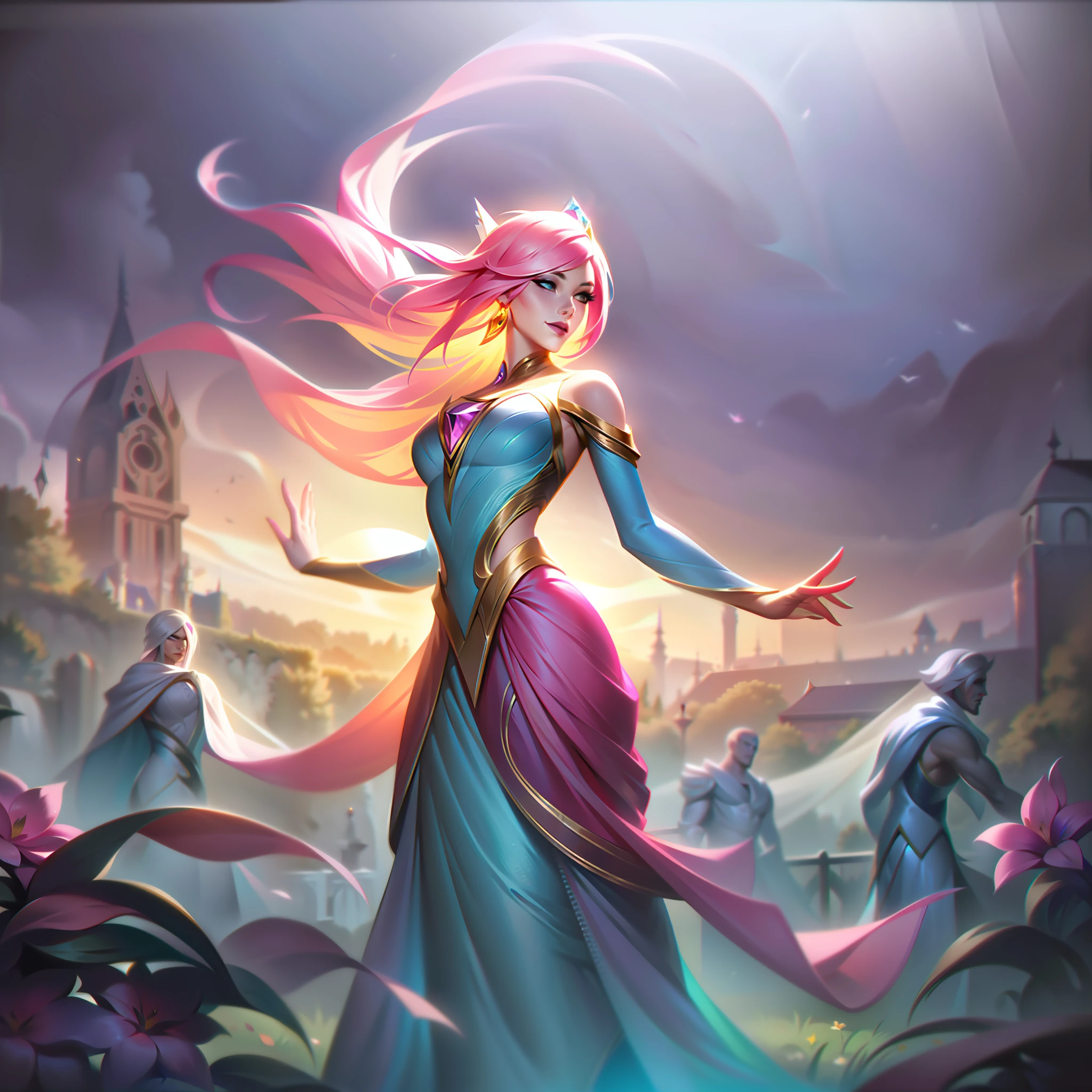Lux De League Of Legends, a woman with a graceful feature of flowing bright pink hair with blind eyes with a pink flowery dress with an orange and blue tulle with cute and ethereal atmosphere in a garden with green grass and beautiful and magnificent flowers, she is with a cheerful and gleaming features with perfect and prestigious shading,  splashart, body lines, vibrant colors, exquisite details, cinematic, artstation, detailed face, by rossdraws, by Kienan Lafferty