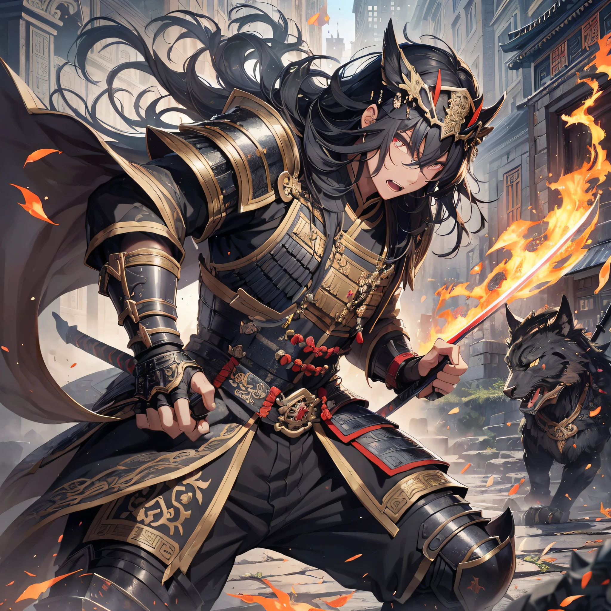 Absurd resolution, high resolution, (masterpiece: 1.4), hyper-detailed, ancient Chinese, black long-haired young man (1.3), roar (1.2), cry (1.2), armored samurai in black armor, wielding swords, blood, fighting, standing on ancient city walls (1.3), dusk, fire