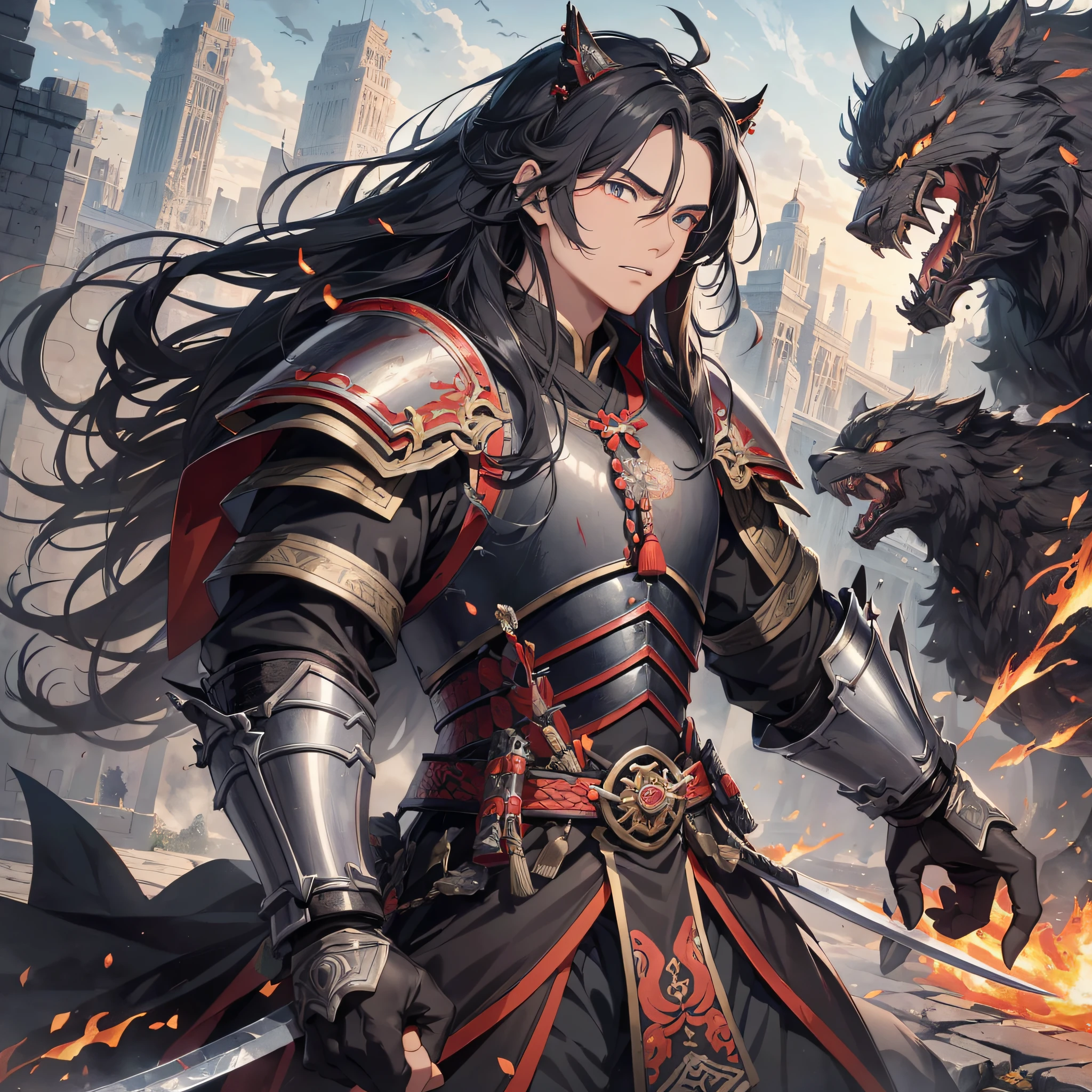 Absurd resolution, high resolution, (masterpiece: 1.4), hyper-detailed, ancient Chinese, black long-haired young man (1.3), roar (1.2), cry (1.2), armored samurai in black armor, wielding swords, blood, fighting, standing on ancient city walls (1.3), dusk, fire
