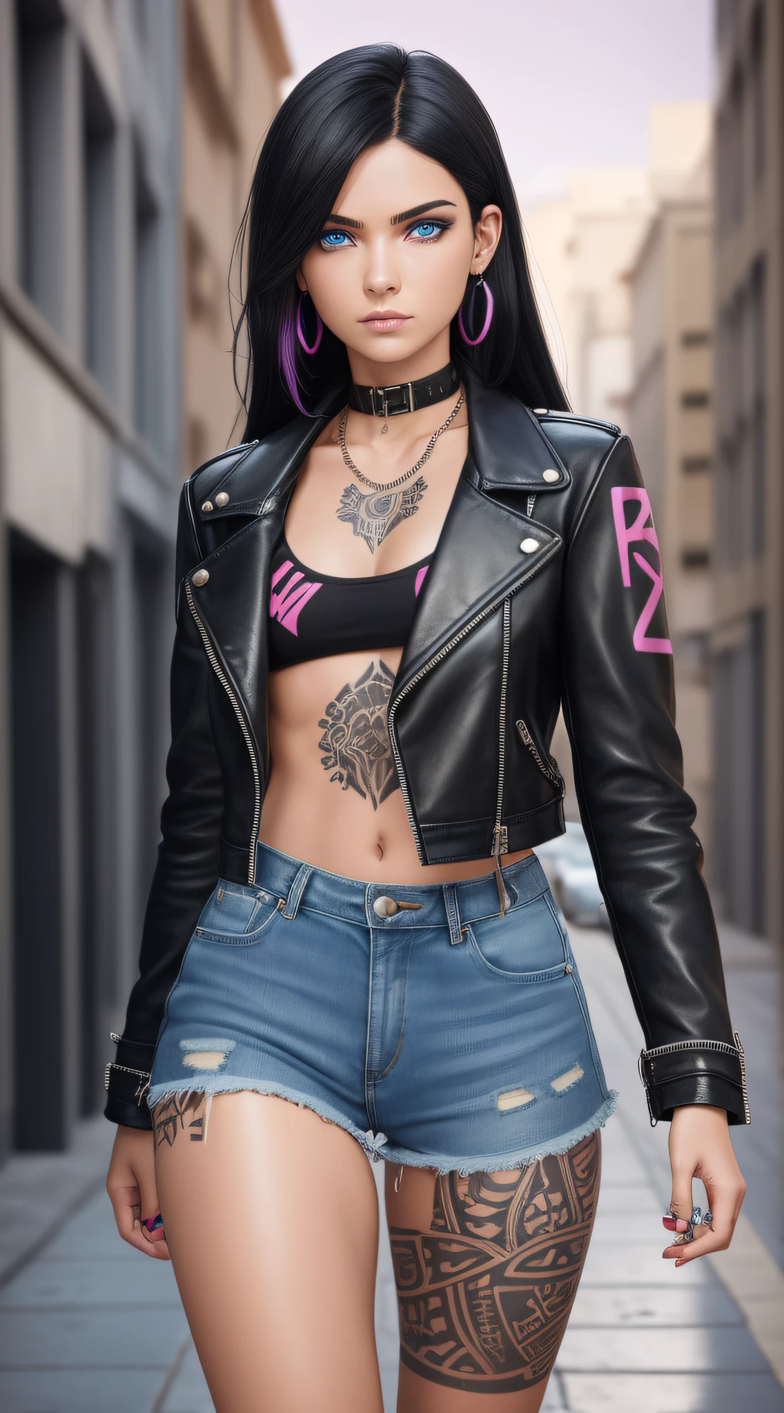 street girl, modern style dress, black short leather coat with no blouse underneath, torn blue jeans, with black hair and pink tips, a tribal tattoo on the arm, black eyes, ((full body)), (((perfect face)),((perfect iris eyes)), walking in the city by day, on street with some cars and walls with graffiti art, Social realism,  Realism, ray tracing, reflection light, high quality, high details, super detail, 8k, 16k, best quality