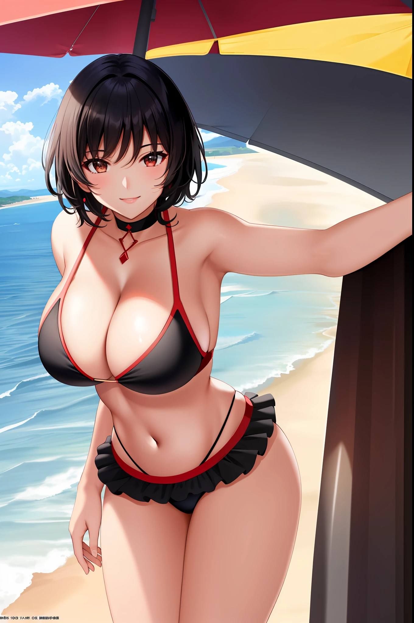 dynamic pose, smile, black hair, short cut, tiara, beautiful legs, long legs, wide ass, turn around, summer, red bikini, big, cleavage, emphasize cleavage, beach, beautiful sunset, studio quality, 8k, (photorealistic), (detail), transfer, colorful, 50mm