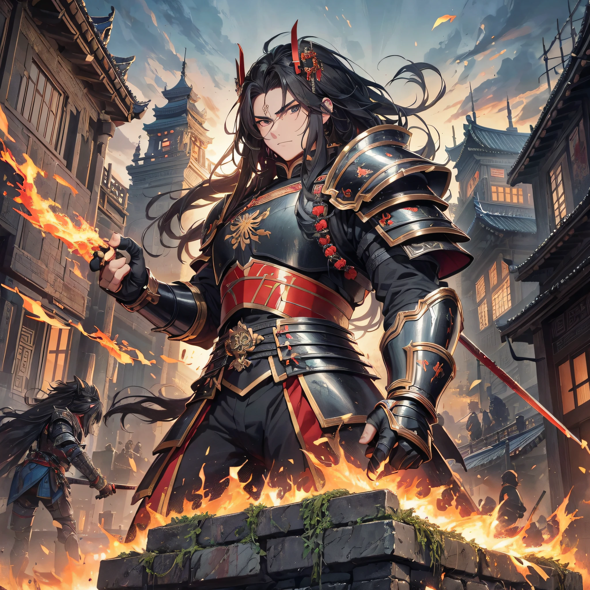Absurd resolution, high resolution, (masterpiece: 1.4), hyper-detailed, ancient Chinese, black long-haired young man (1.3), roar (1.2), cry (1.2), armored samurai in black armor, wielding swords, blood, fighting, standing on ancient city walls (1.3), dusk, fire