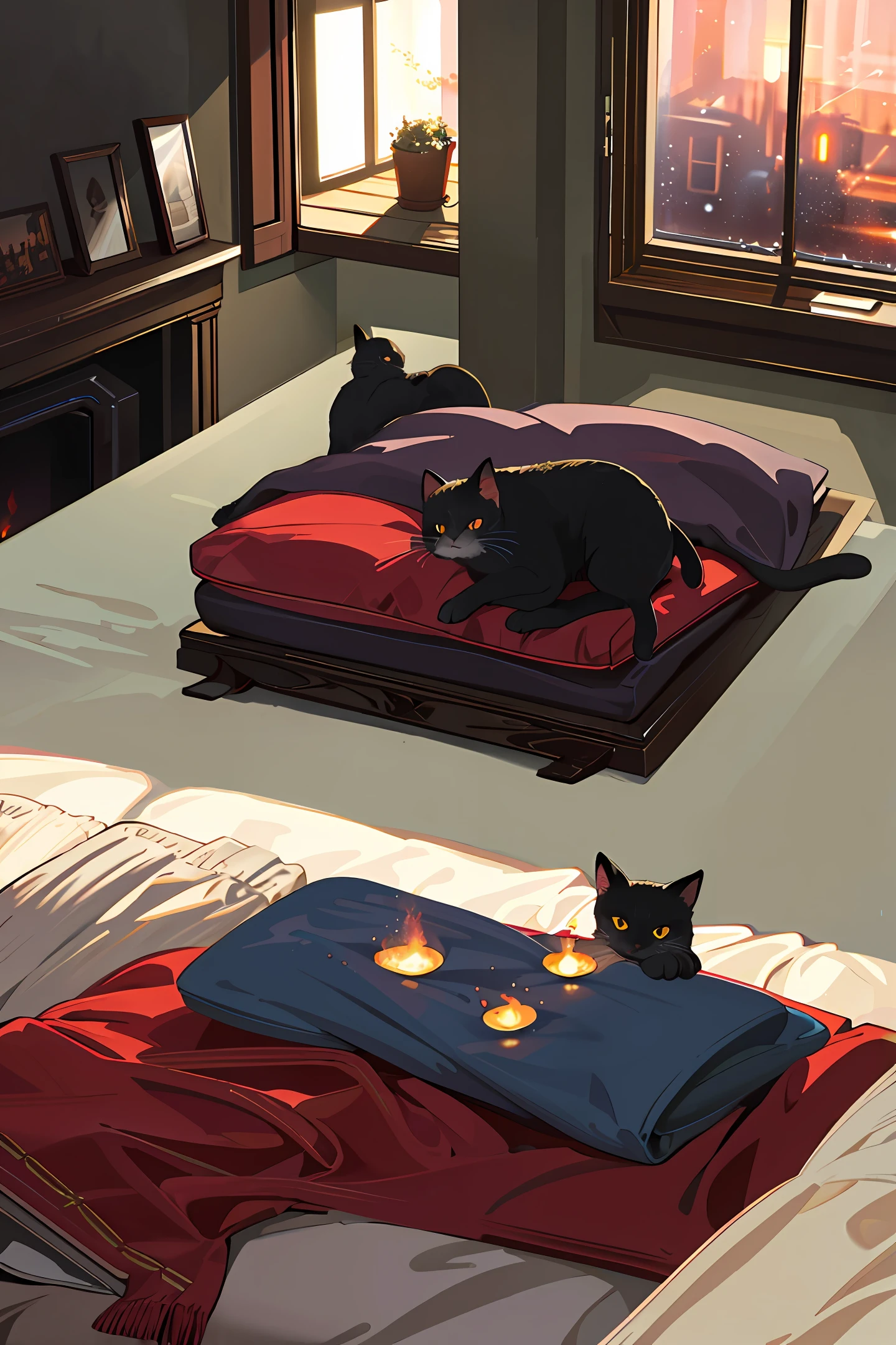 Dark environment with warm lighting a library wall, fireplace on fire and rain on the window, bed with a cat lying on top of the blanket table with 2 glasses of wine in half and some aromatic candles