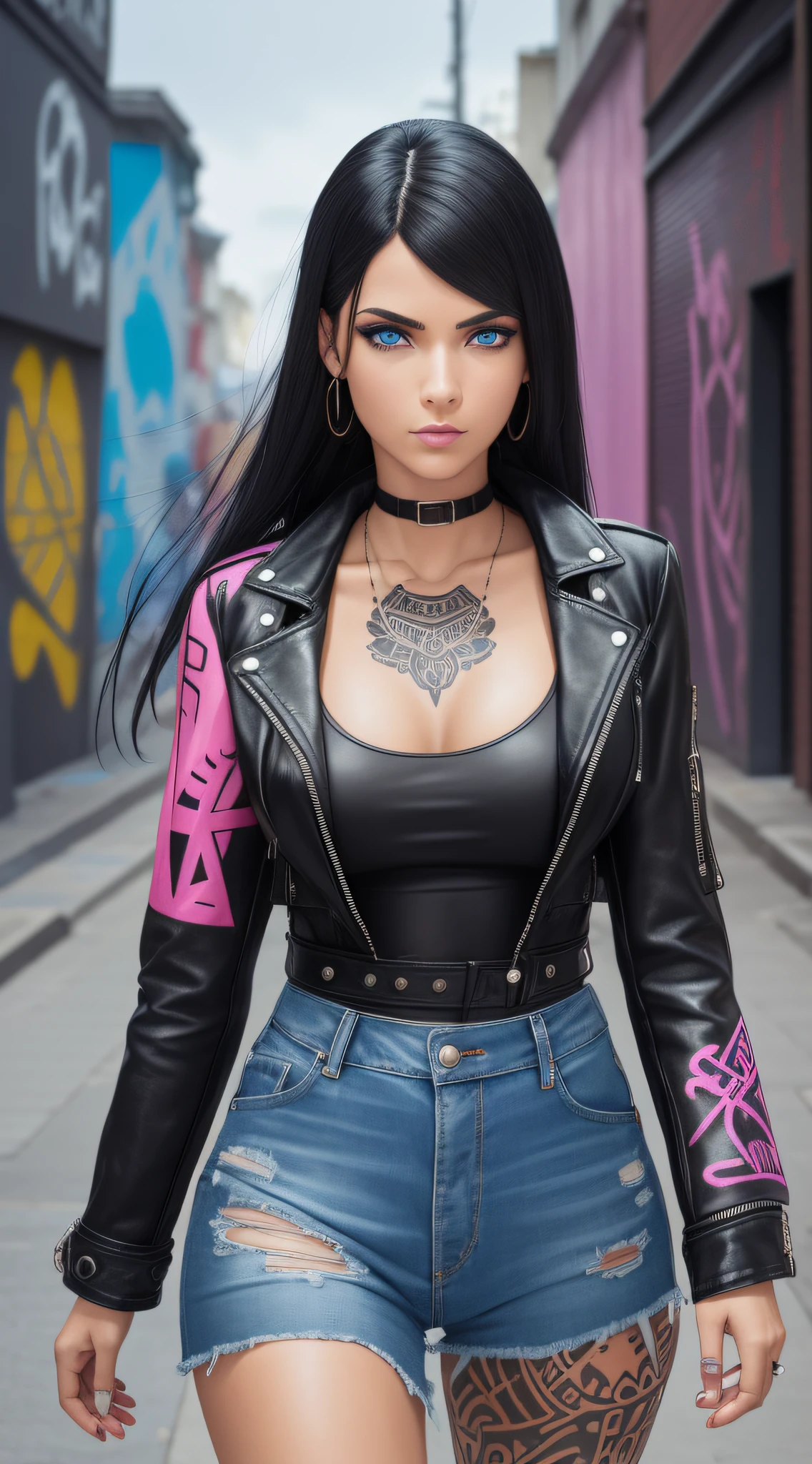 street girl, modern style dress, black short leather coat with no blouse underneath, torn blue jeans, with black hair and pink tips, a tribal tattoo on the arm, black eyes, ((full body)), (((perfect face)),((perfect iris eyes)), walking in the city by day, on street with some cars and walls with graffiti art, Social realism, Realism, ray tracing, reflection light, high quality, high details, super detail, 8k, 16k, best quality