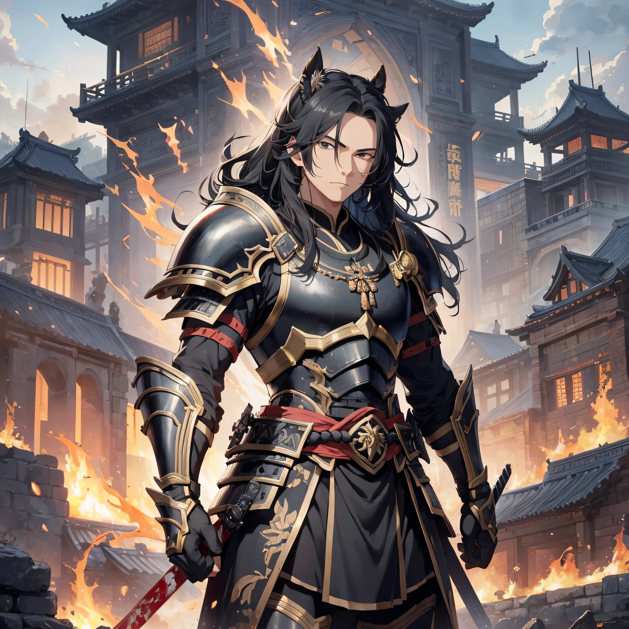 Absurd resolution, high resolution, (masterpiece: 1.4), hyper-detailed, ancient Chinese, black long-haired young man (1.3), roar (1.2), cry (1.2), armored samurai in black armor, wielding swords, blood, fighting, standing on ancient city walls (1.3), dusk, fire