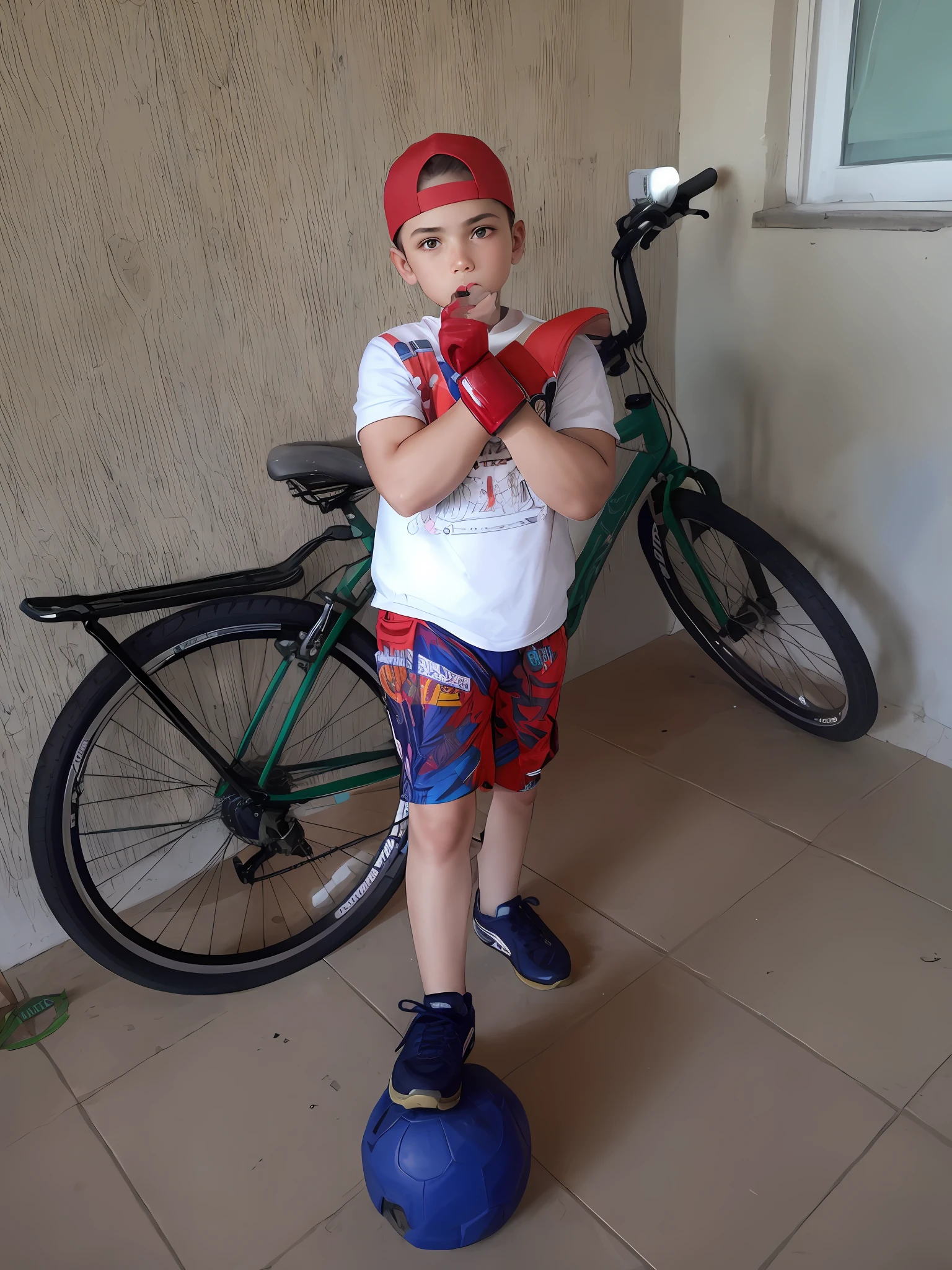 there is a young boy standing next to a bicycle with a glove on, by Nándor Katona, posing ready for a fight, kid, by Károly Brocky, mateus 9 5, biker, enes dirig, wearing vibrant boxing gloves, by Július Jakoby, inspired by Nathan Oliveira, caio santos