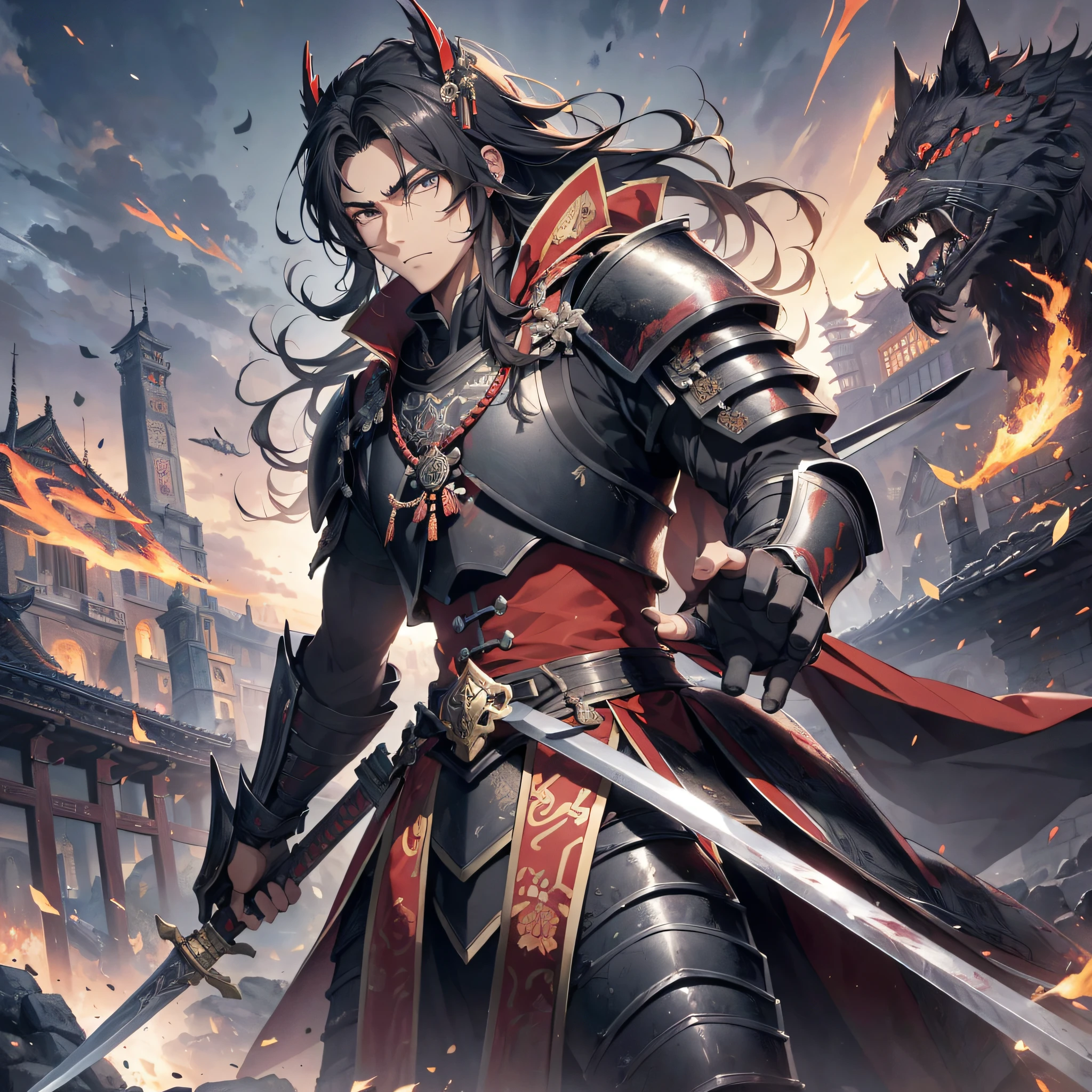 Absurd resolution, high resolution, (masterpiece: 1.4), hyper-detailed, ancient Chinese, black long-haired young man (1.3), roar (1.2), cry (1.2), armored samurai in black armor, wielding swords, blood, fighting, standing on ancient city walls (1.3), dusk, fire