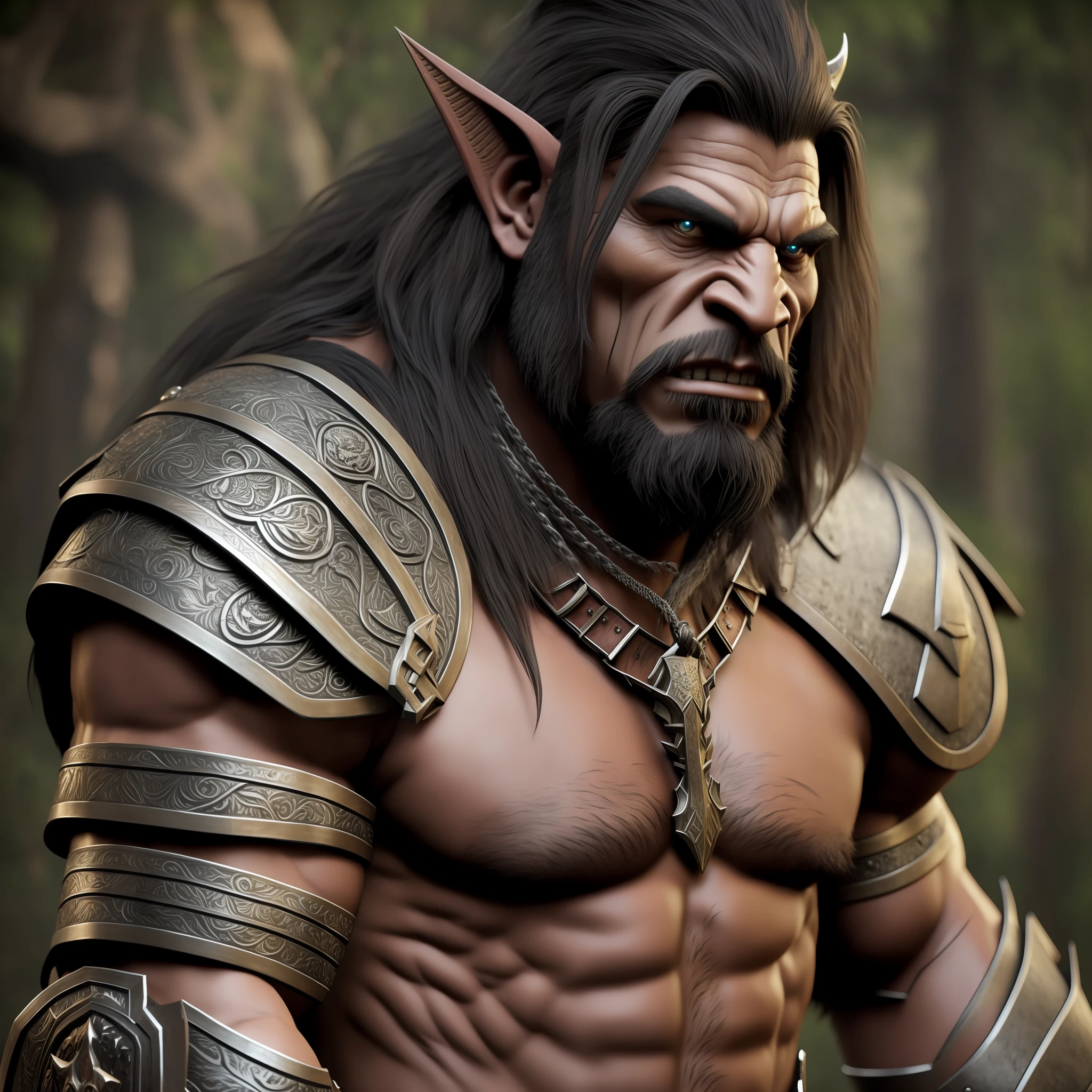 Orc male, long hair, beard, muscular, wearing animal leather clothing, iron armor adorned with animal bones, 8K, ultra realistic