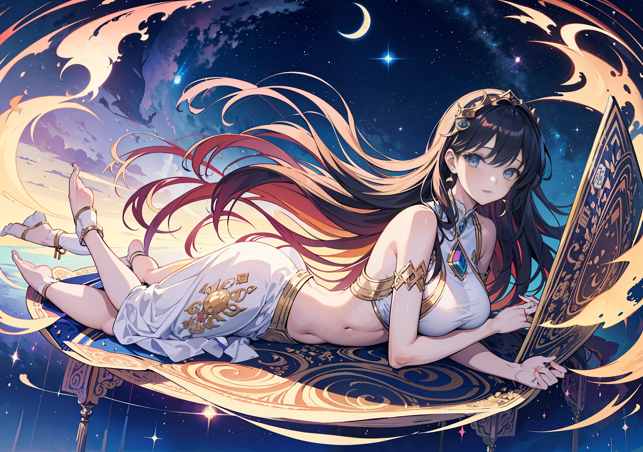 (masterpiece, top quality, best quality, beautiful illustration,official art, beautiful and aesthetic,1woman,:1.5),(floating big carpet in sky:1.8)(A woman relaxing on a carpet floating In the Night Sky:1.5),Arabian Nights, Sparkling Eyes, Fox Ears, Delicately Made Accessories, Belly Dancing Clothes, Blissful Expression, Relaxed, Fun, Masterpiece Backgrand, Night Sky, Shooting Stars, Crescent Moon,
