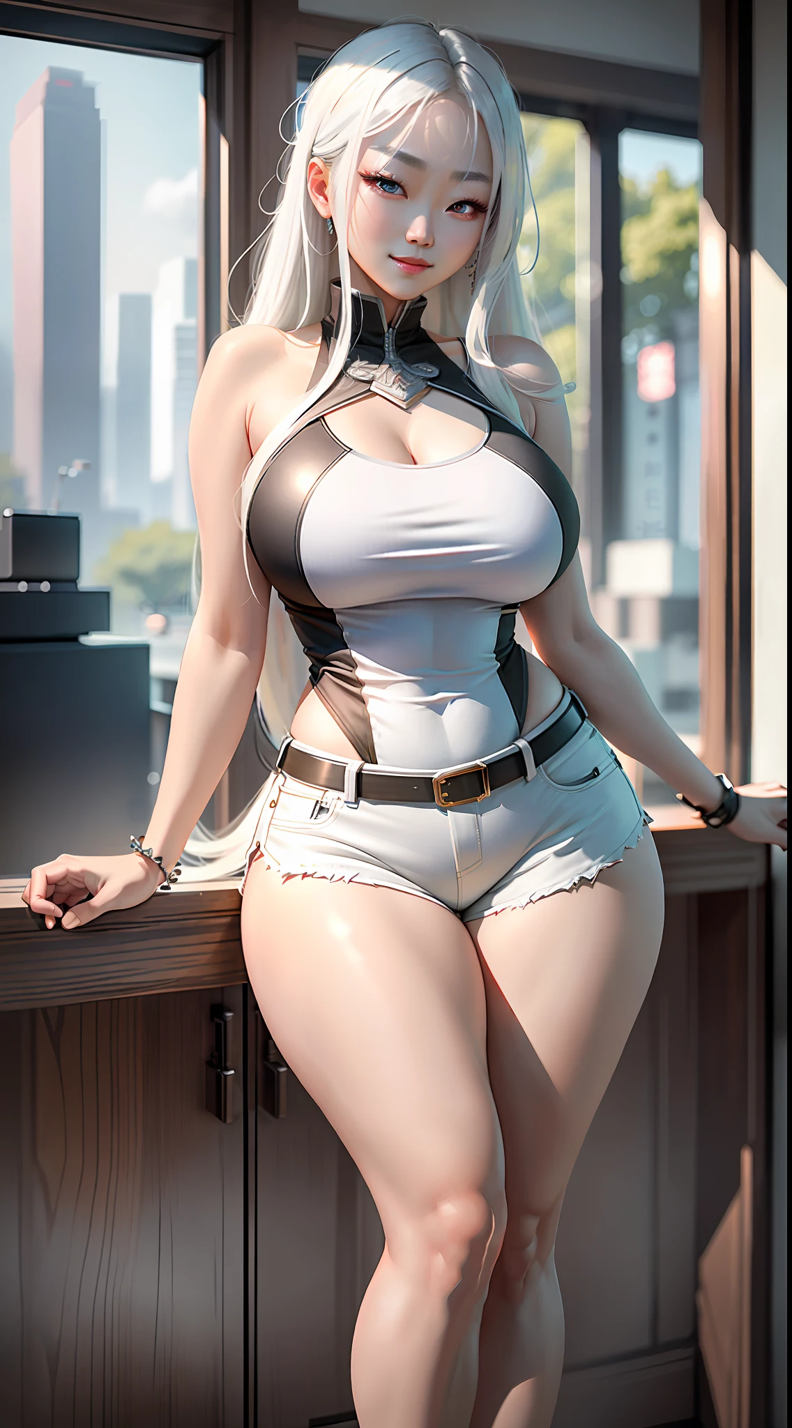 Masterpiece, maximum quality, ultra high resolution, 8k, Korean girl (extremely beautiful), white hair, full body, thin, detailed face, detailed eyes, mischievous smile, wide hips, thick thighs, smooth and soft pellet, wearing micro shorts and micro tank top