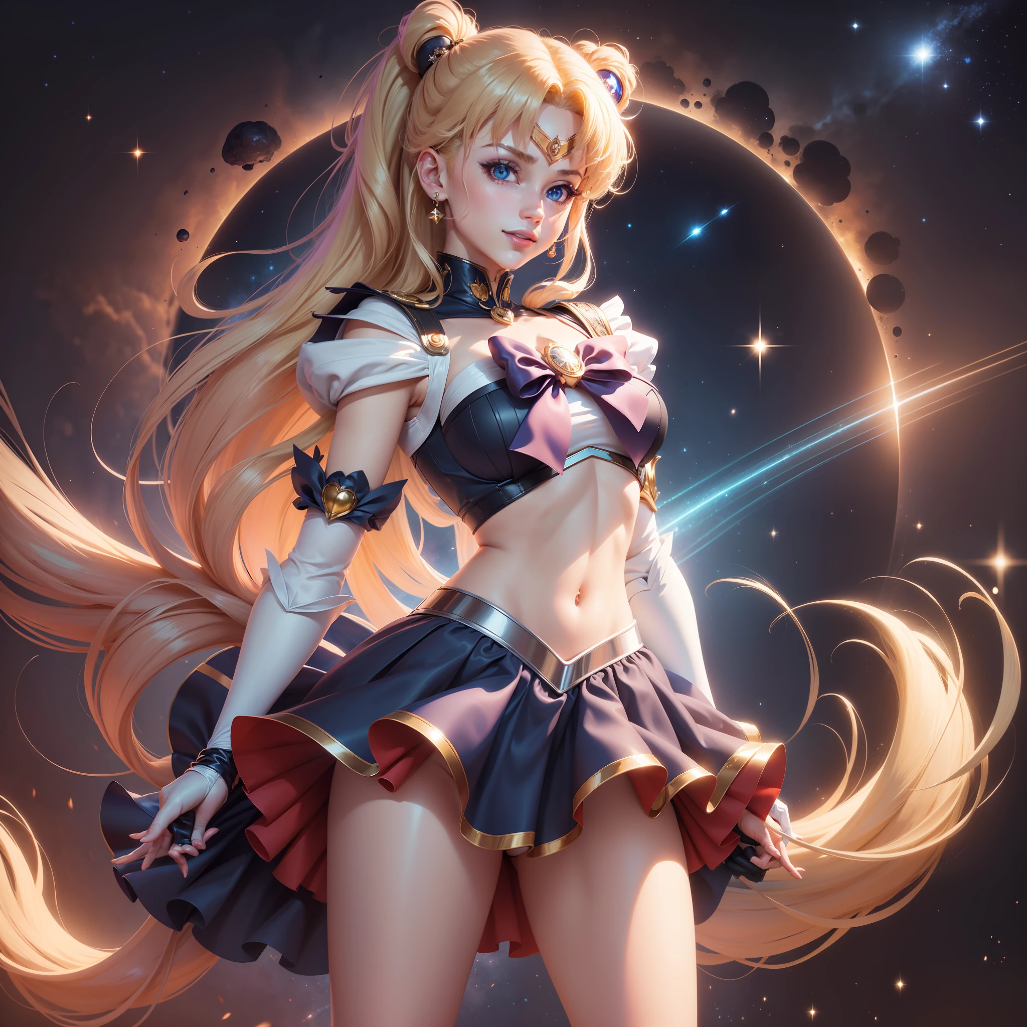 (Extreme detail CG Unity 8K wallpaper, masterpiece, highest quality), (exquisite lighting and shadow, highly dramatic picture, cinematic lens effect), (Sailor Moon: 1.1), charming smile, double tail, blue eyes, blond hair, tight top, white gloves, mini skirt, dynamic pose), the background is the universe (excellent detail, excellent lighting, wide angle), (excellent rendering, enough to stand out in its class),