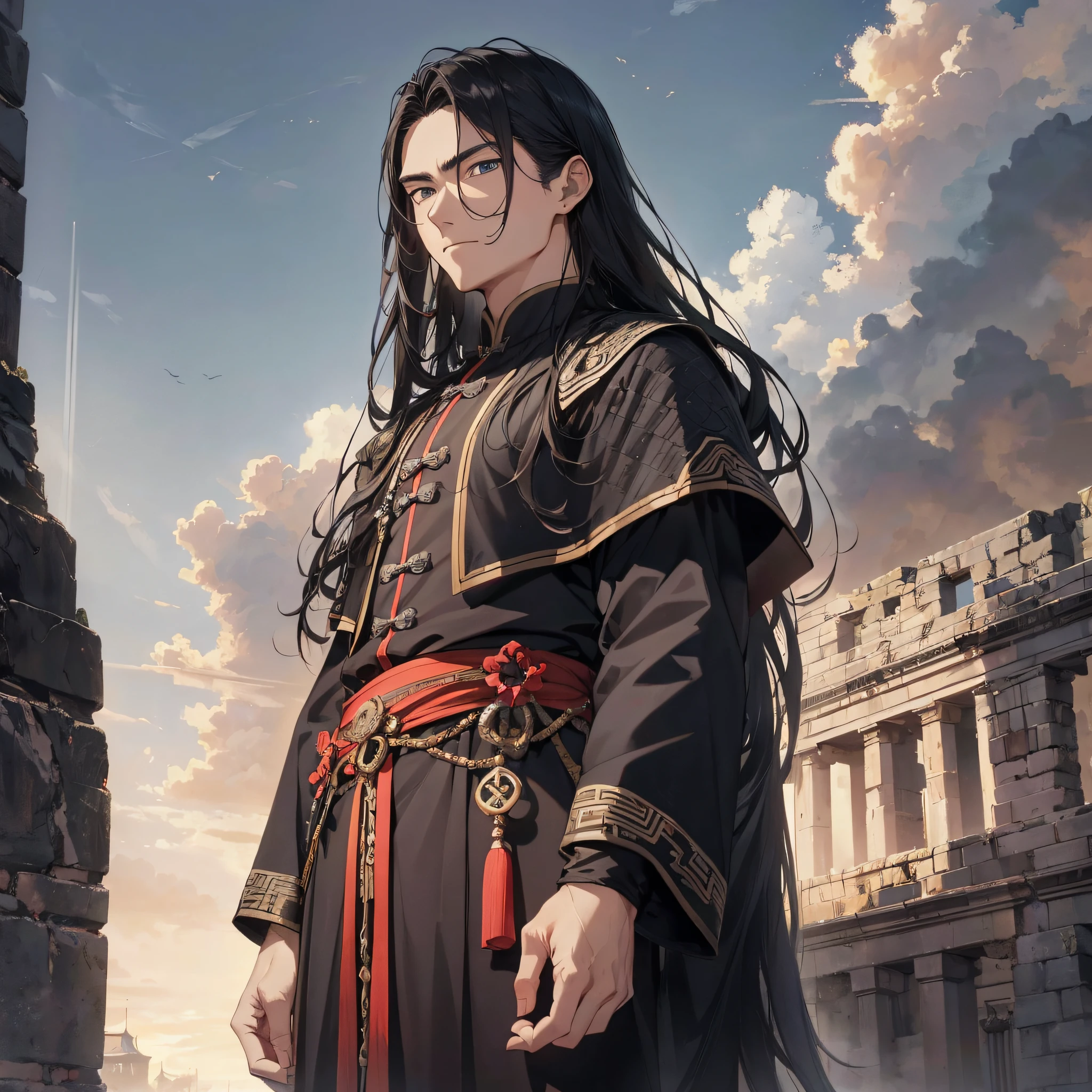 Absurd resolution, high resolution, (masterpiece: 1.4), hyper-detail, ancient Chinese, black long-haired young man (1.3), wearing black cloth, standing on an ancient city wall looking into the distance (1.3), dusk, serious and determined expression (1.5)