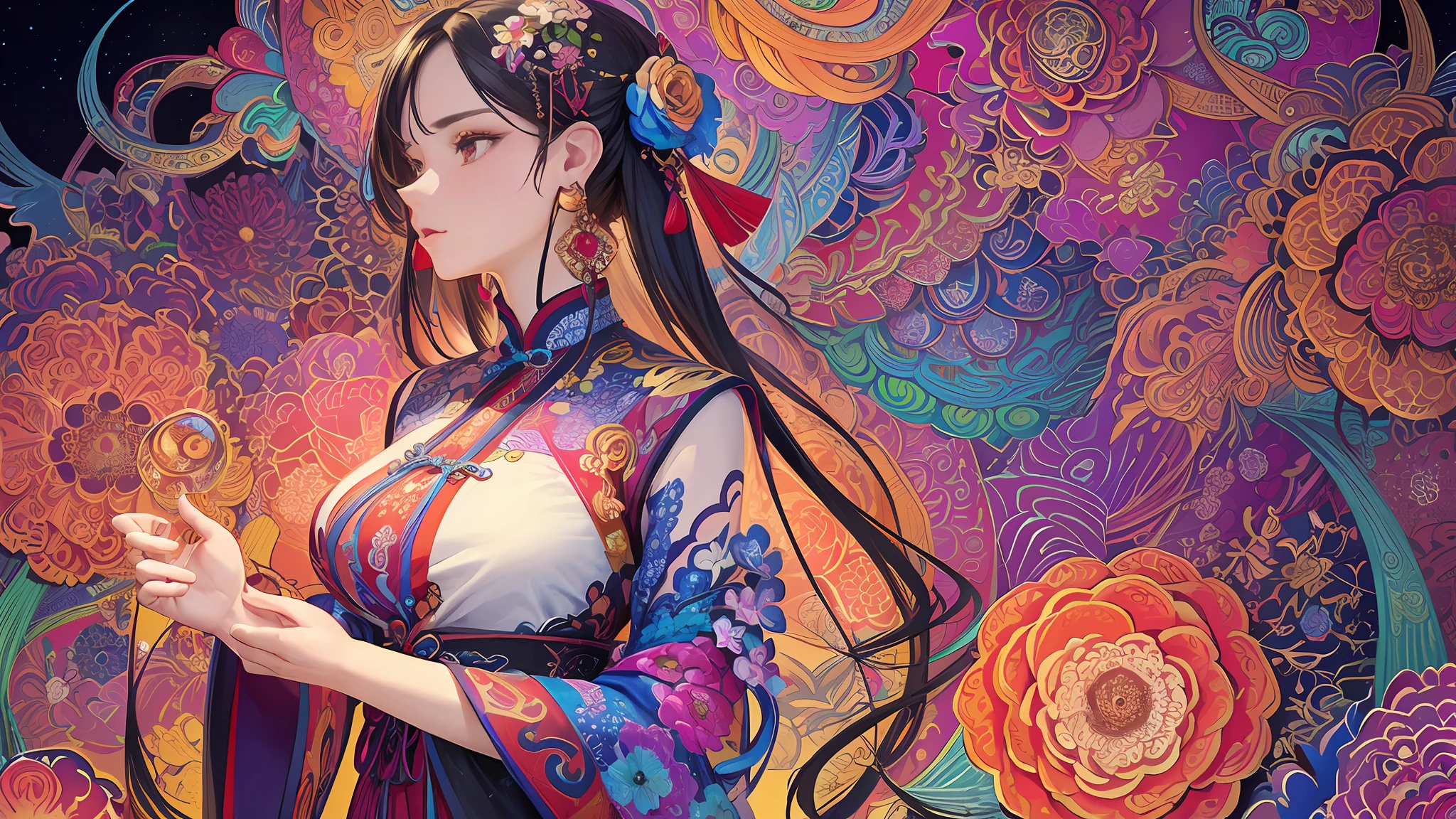 (masterpiece, top quality, best quality, official art, beautiful and aesthetic:1.2), (1girl:1.3), extremely detailed,(fractal art:1.1),(colorful:1.1)(flowers:1.3),highest detailed,(zentangle:1.2), (dynamic pose), (abstract background:1.3), (chinese Traditional cloth:1.2), (shiny skin), (many colors:1.4), ,(earrings:1.4),