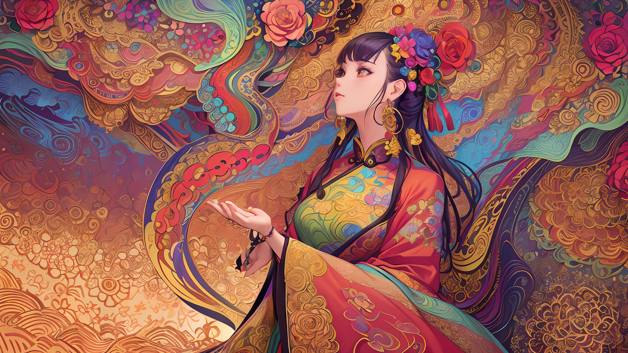 (masterpiece, top quality, best quality, official art, beautiful and aesthetic:1.2), (1girl:1.3), extremely detailed,(fractal art:1.1),(colorful:1.1)(flowers:1.3),highest detailed,(zentangle:1.2), (dynamic pose), (abstract background:1.3), (chinese Traditional cloth:1.2), (shiny skin), (many colors:1.4), ,(earrings:1.4),