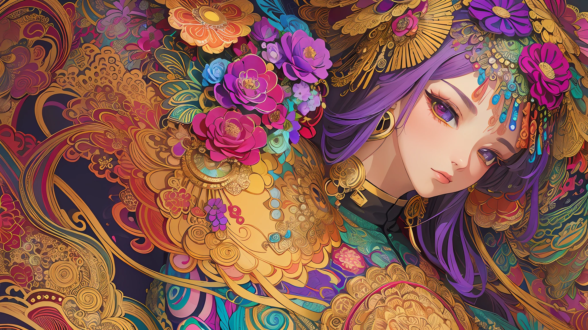 (masterpiece, top quality, best quality, official art, beautiful and aesthetic:1.2), (1girl:1.3), extremely detailed,(fractal art:1.1),(colorful:1.1)(flowers:1.3),highest detailed,(zentangle:1.2), (dynamic pose), (abstract background:1.3), (chinese Traditional cloth:1.2), (shiny skin), (many colors:1.4), ,(earrings:1.4),