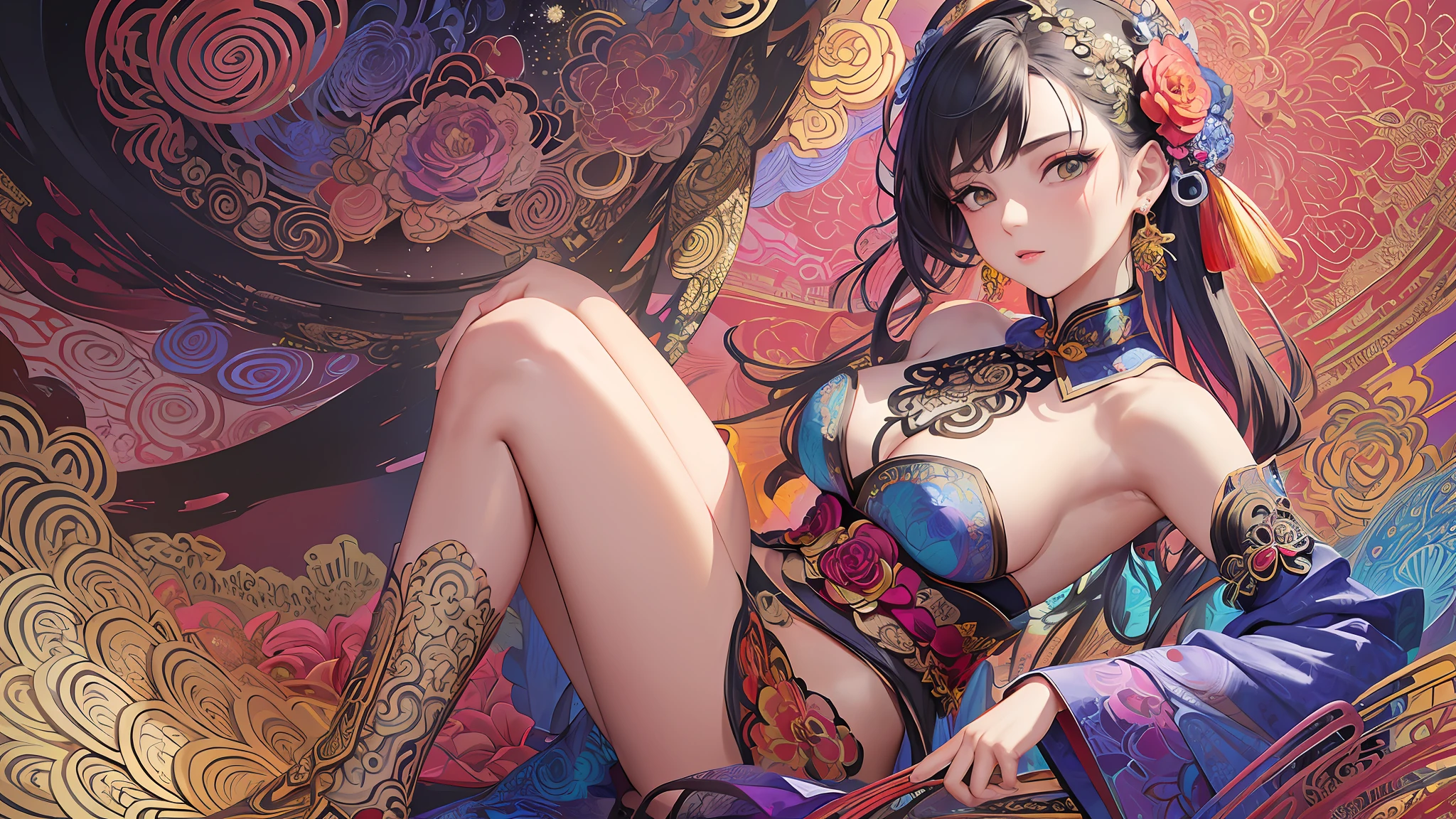 (masterpiece, top quality, best quality, official art, beautiful and aesthetic:1.2), (1girl:1.3), extremely detailed,(fractal art:1.1),(colorful:1.1)(flowers:1.3),highest detailed,(zentangle:1.2), (dynamic pose), (abstract background:1.3), (chinese Traditional cloth:1.2), (shiny skin), (many colors:1.4), ,(earrings:1.4),