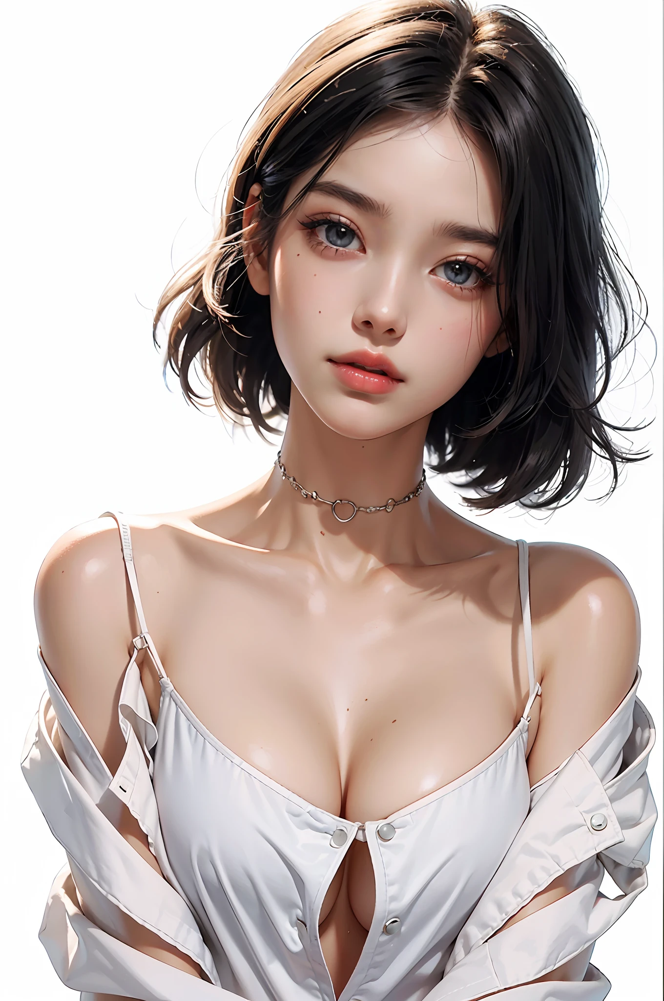 Top Quality, White Skin, Real Human Skin, (Detailed), Oval Face, Pore, Ultra High Resolution, (8k, RAW Photography, Photorealistic: 1.4), One Woman, Slim, (Gentle and Goddess-like Eyes) Happiness: 1.2), (Lip Gloss, Eyelashes, Distinct Double, Clear Eyes, Gloss Face, Best Quality, Ultra High Definition, Wide Lighting, Natural Shading) , Oversized Jacket, Fashion Shirt, White Background, Light Background, Big Breasts, Gloss on Chest, Gloss on Face, Gloss on Skin, Glossy Skin, Fresh Breeze, Straight Hair, Short Bob Hair, Long Neck, Choker