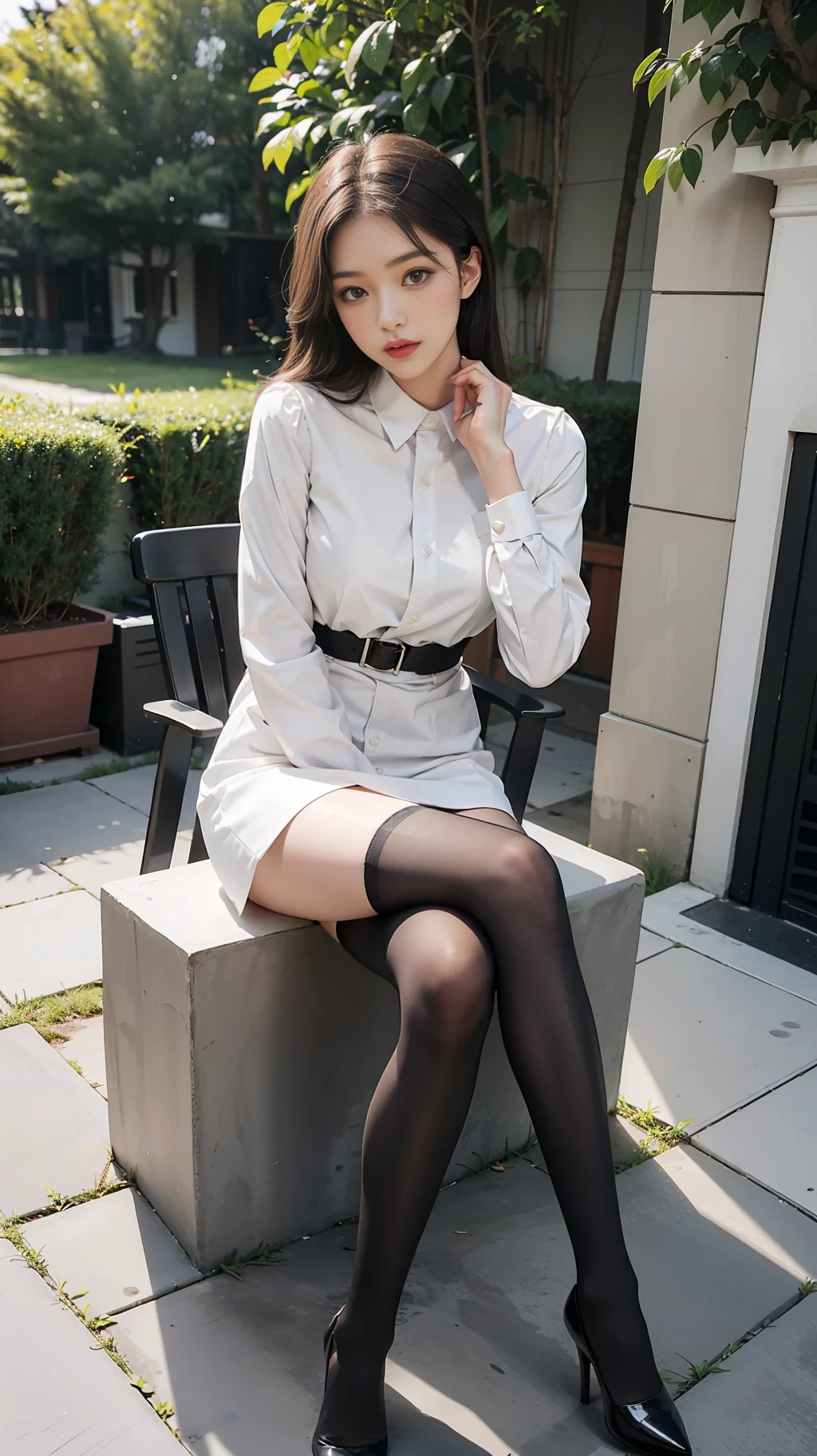 Best quality, full body portrait, delicate face, pretty face, 25 year old woman, slim figure, small bust, OL uniform, office clothes, black stockings, outdoor scene, sitting position