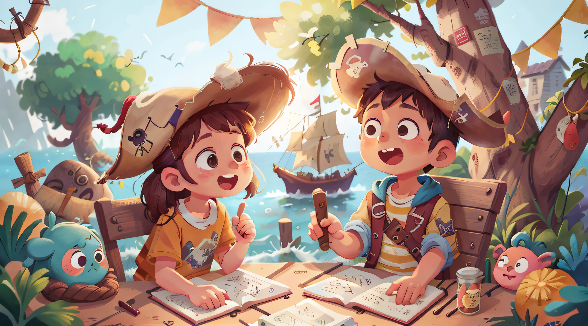 a boy and a girl at the pirate ship table looking treasure map, pirate hat, striped t-shirt, sea, ocean, bright sun, happy, happy, perfect quality, clear focus, (masterpiece: 1.2) (Realistic: 1.2) (Bokeh) (Best quality) (Detailed Skin: 1.3) (Intricate Details) (8k) (Detail Eyes) (Sharp Focus), (Happy) Clean Background, Long Vision Composition, 85MM SHOT