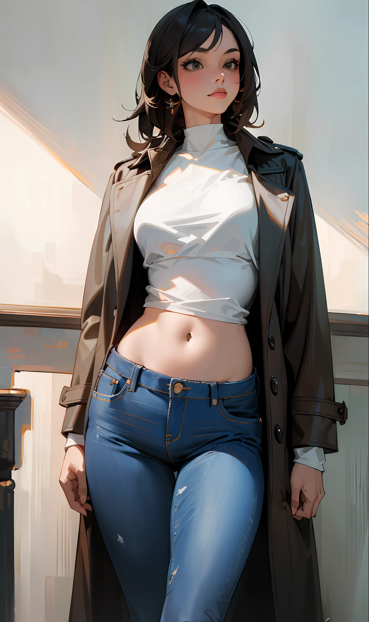 (((masterpiece))),((best quality)),detailed,1girl,realistic,jeans,navel,oversized coat,