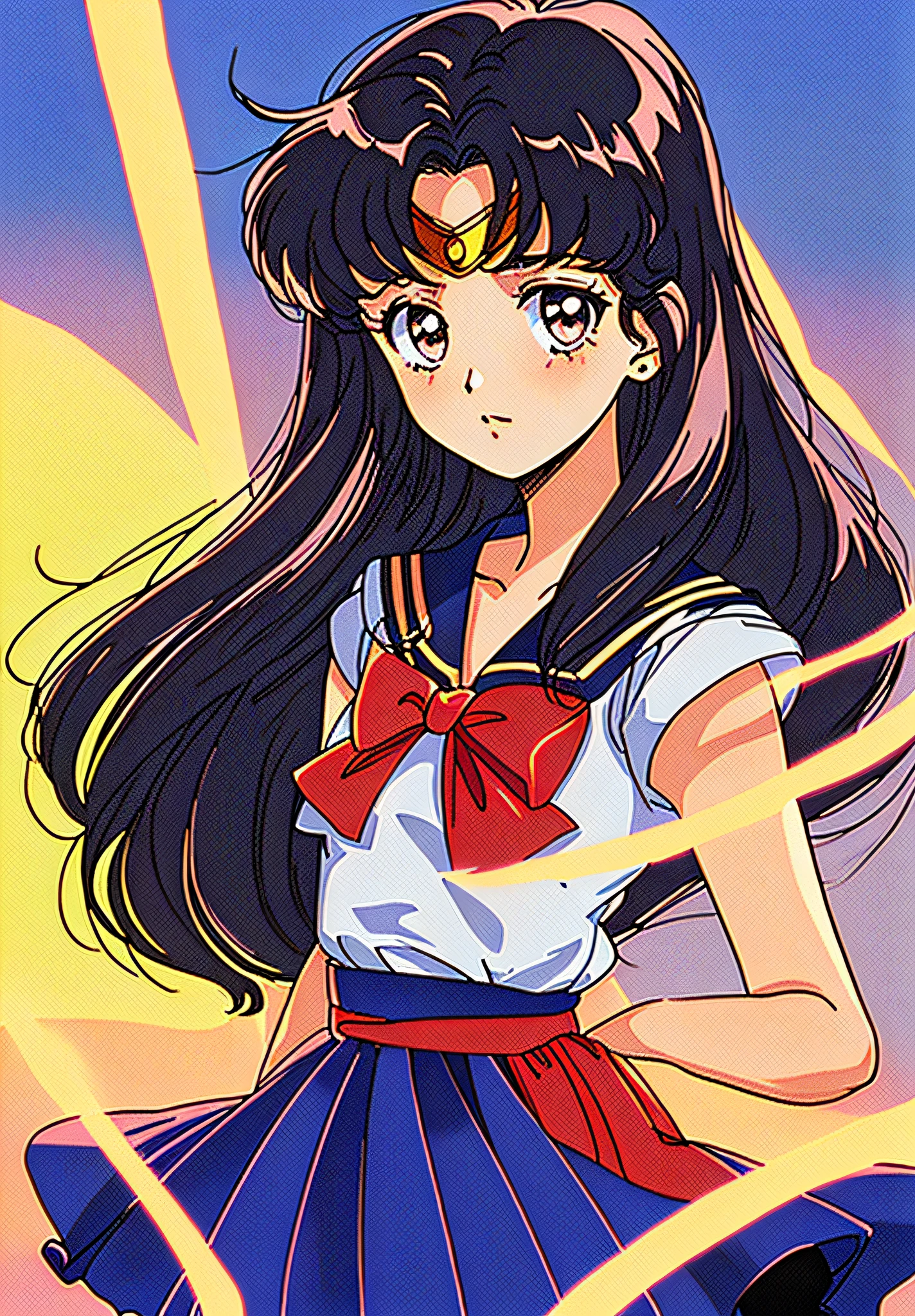 masterpiece, best quality, 1990s \(style\), 1980s \(style\), 1girl, sailor moon, black hair, long hair, Brown eyes, blackpower hair,Curly hair, blue sailor collar, red bow, upper body, sepia, film grain,