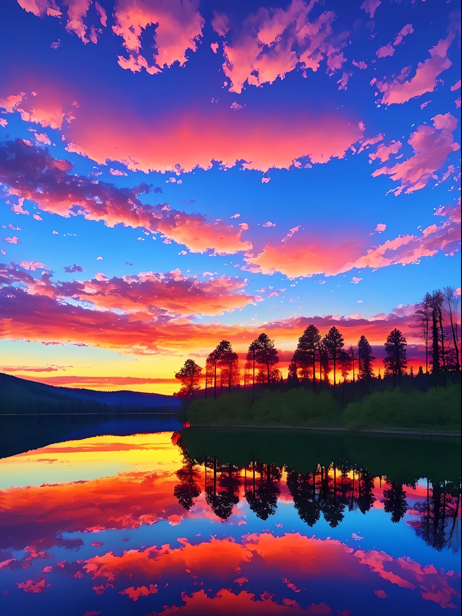 there is a beautiful sunset with a lake and trees in the background, colorful skies, surreal colors, colorful sunset, colorful sky, marvellous reflection of the sky, stunning sky, dream like atmosphere 8k, colorful clouds, colors reflecting on lake, surreal sky, red and blue reflections, fire reflection, beautiful sky, beautiful and spectacular dusk, beautiful dreamy landscape, amazing sky