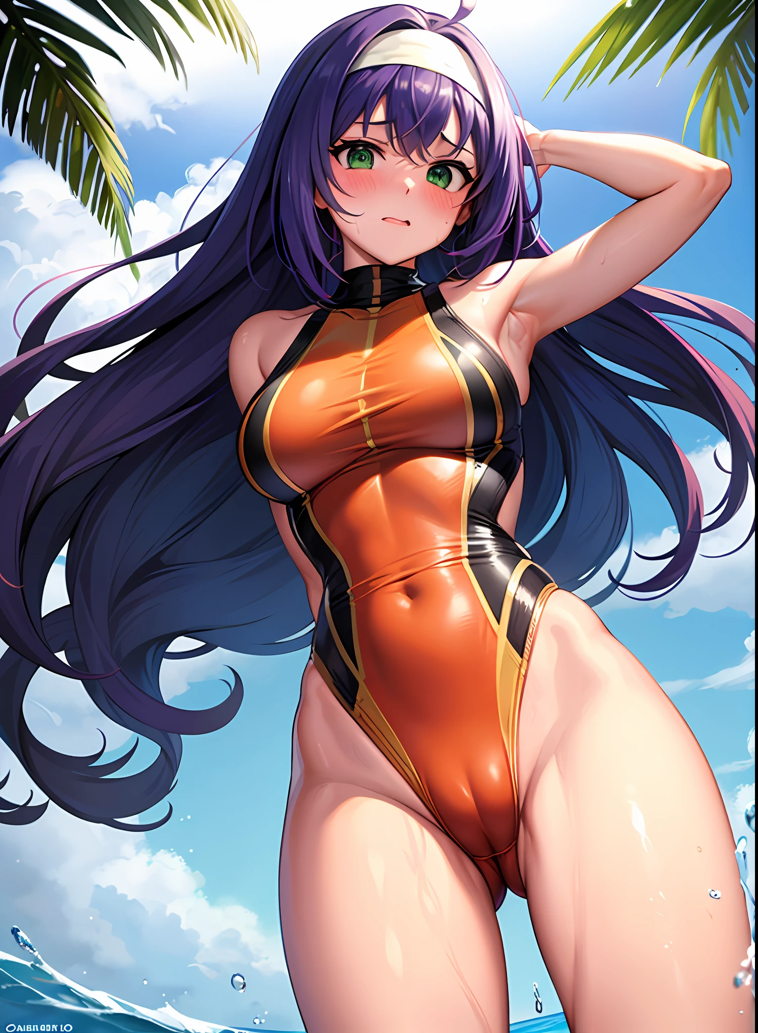 mia fe, 1girl, solo, looking at viewer, competition swimsuit, wet, blush, full-face blush, embarrassed, spread legs, cameltoe, beach, sunlight, sun, presenting