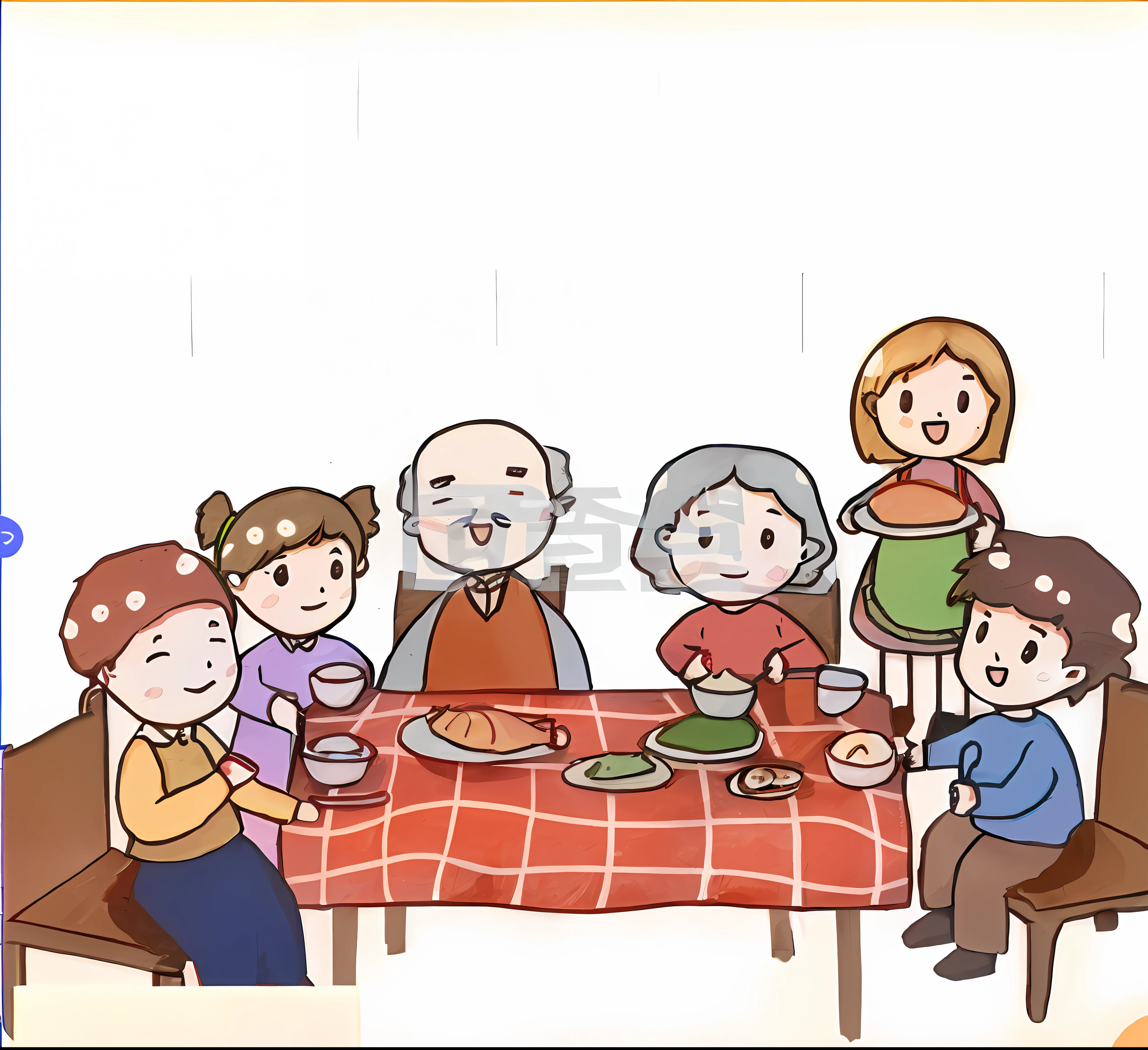 there are a group of people sitting at a table eating, family dinner, people inside eating meals, people at the table, at a dinner table, hd illustration, rendering, happy family, clipart, no gradients, 2506921471, by Ayako Rokkaku, people are eating