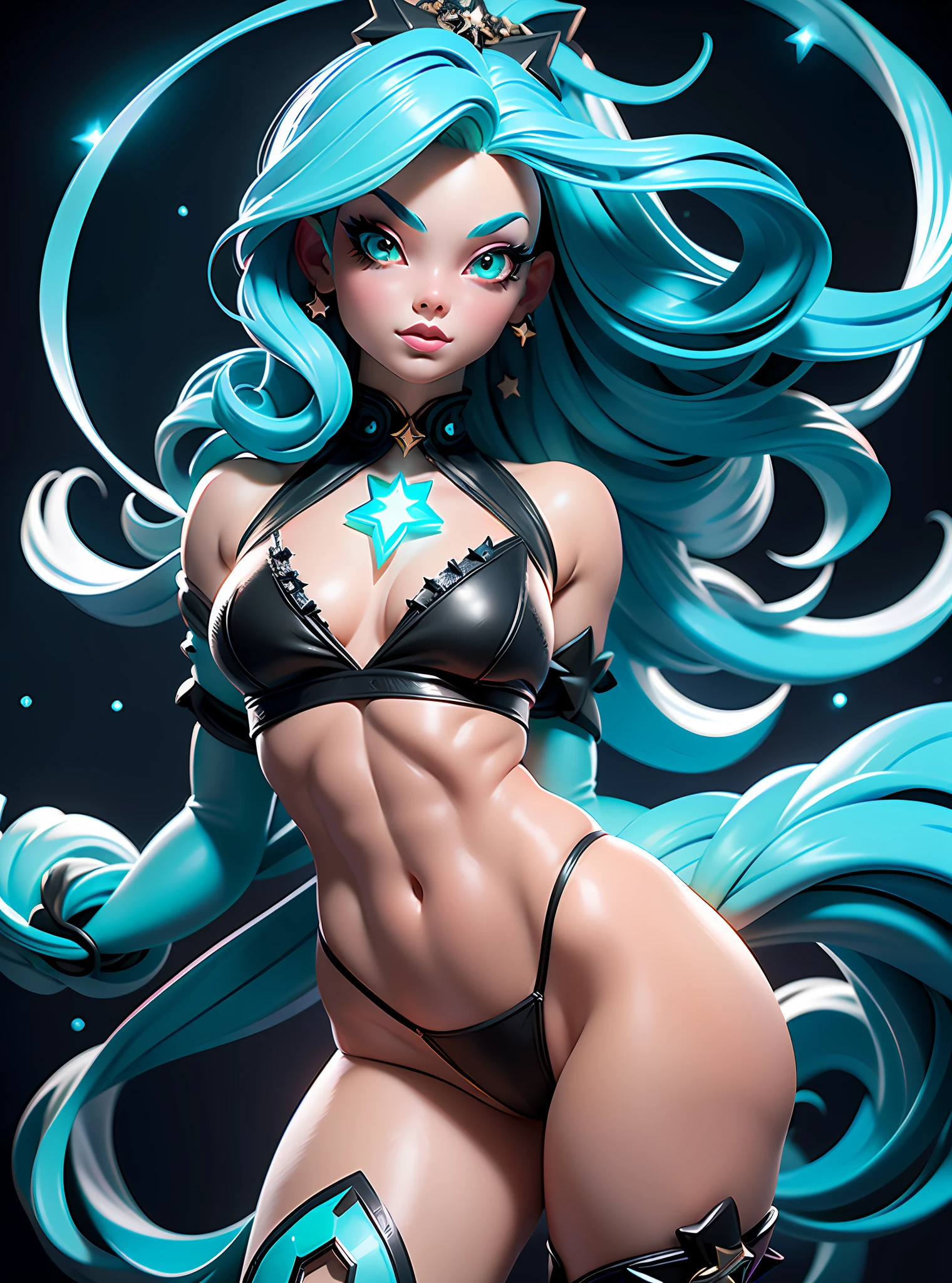 3DMM,MJ3D,(best quality, masterpiece:1.2), (extremely intricate detail), extremely delicate and beautiful, beautiful and aesthetic, (cute, pretty) ultra-detailed photography of a girl with goth colors. She has ((turquoise hair)), wears a (small black micro-thong, black micro-bikini:star motif ) , ((beautiful and aesthetic)), muscular fit body abs, sexy, under-boobs, hot, (clear star filled sky background) (clear background:1.35), (particles ,firefly, blue glowing):1.3,