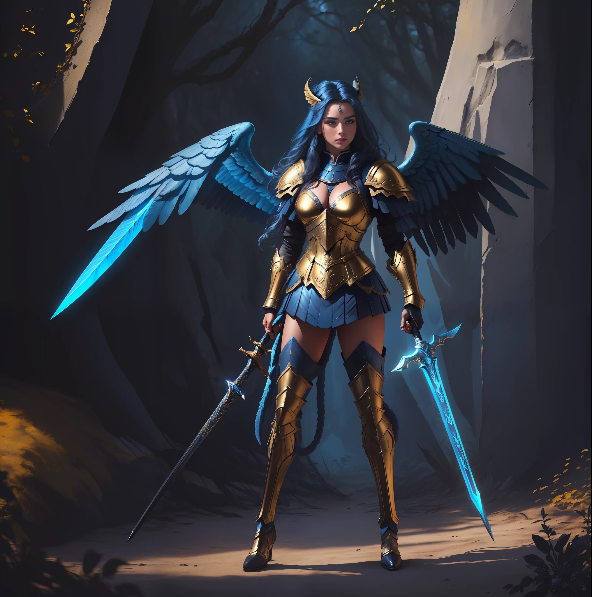 ((full body shot, Top Quality, 8k, Masterpiece: 1.3)), Crisp Focus: 1.2, a stunningly beautiful warrior with giant blue angel wings holding a sword, solo, dark complex hair, black and gold armor, in front of giant metal centipede.