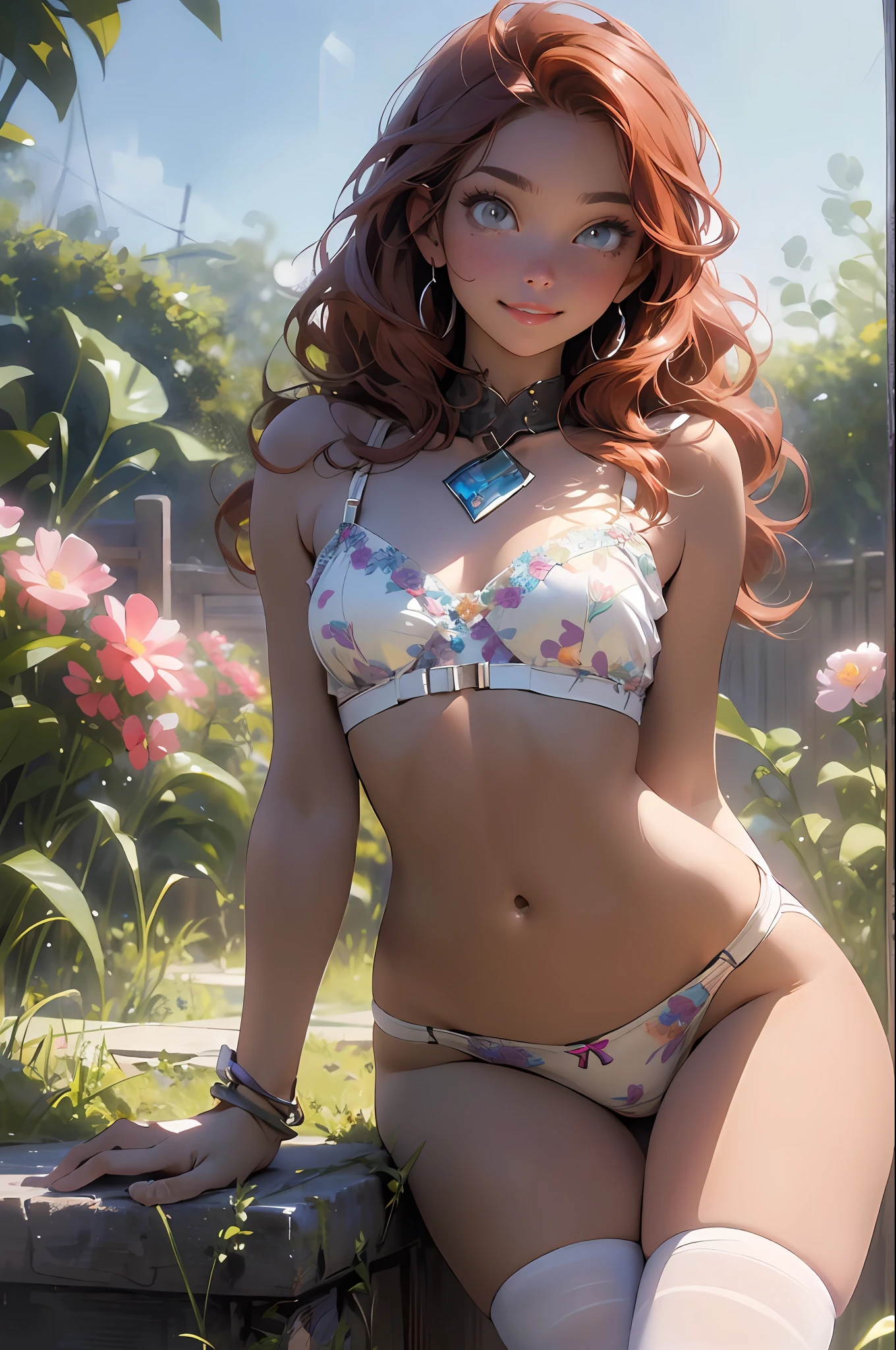melancholy lighting, quiet, calm, brightness, masterpiece, best quality, 1girl, (JinxLol:1.2), (ultra photorealistic:1.3), (masterpiece:1.4), best quality, ((realistic)), high quality, ultra detailed, ((Real image)), ((realistic skin)), ((realistic face)),(illustration:1.05), (beautiful:1.05), (beautiful detailed eyes:1.05), (cinematic light:1.1), Full body, precise proportions, 18-year-old girl, skinny model lying on the grass, surrounding garden,  tree shadow, VERMEHO hair fluttering in the wind, tulle, long legs, feet slightly open, buttocks, blush, shyness, collarbone, abdominals, double weave, beautiful and delicate face, fair skin, real skin, (face detail), pores, super high resolution, 8k, parameters Best quality, masterpiece, super high resolution, (Realistic 2.0), More details, detailed skin, transparent panties, wide smile, white teeth, voluminous red hair,  perfect and well designed eyes, girlfriend, beautiful, beautiful, flowers, studio lighting