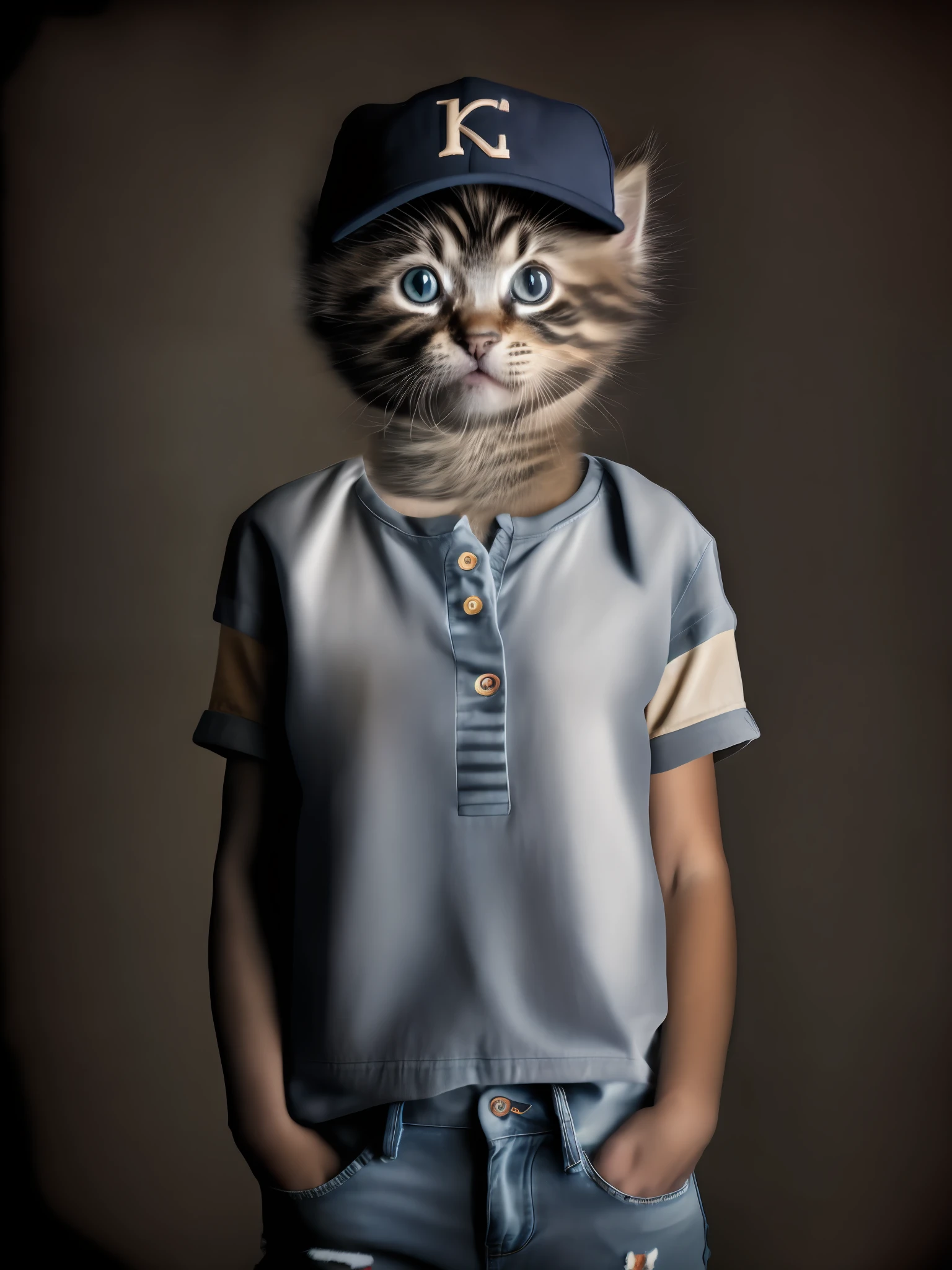 kitten in t- shirt with jeans, baseball cap