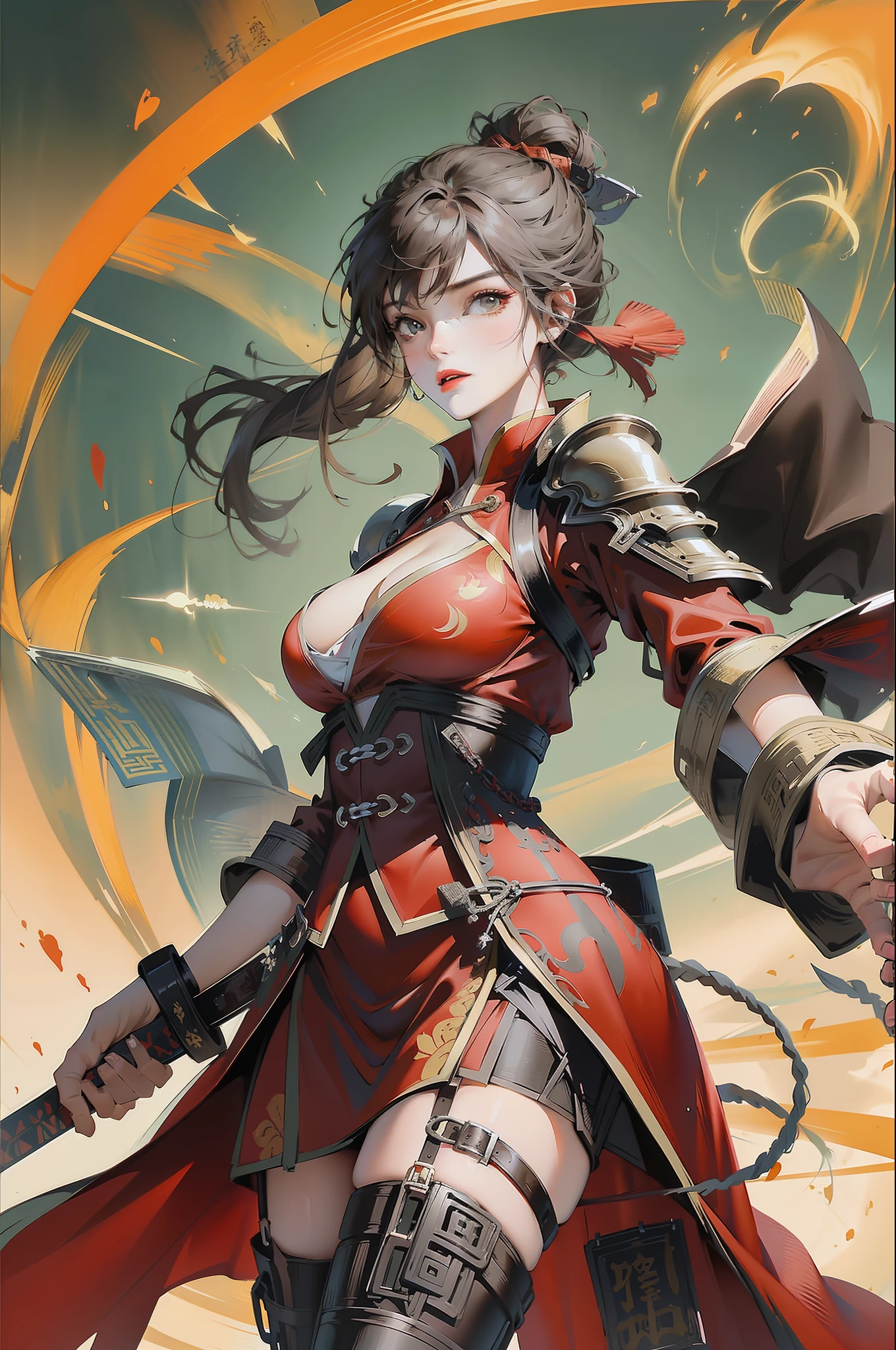 Chinese wind,ancient battlefield,An ancient Chinese female general、All over body、Sword in hand、Grim expression、Amazing facial features,Red robes,armor,,,,boots,Yellow sand in the sky,Fleeing crowds,firelight,Game model, stunning lighting, C4D,OC rendering,Movie edge light,The light is delicate,a masterpiece,Ultra detailed,epic composition,Super HD,High Quality,maximum quality,32k