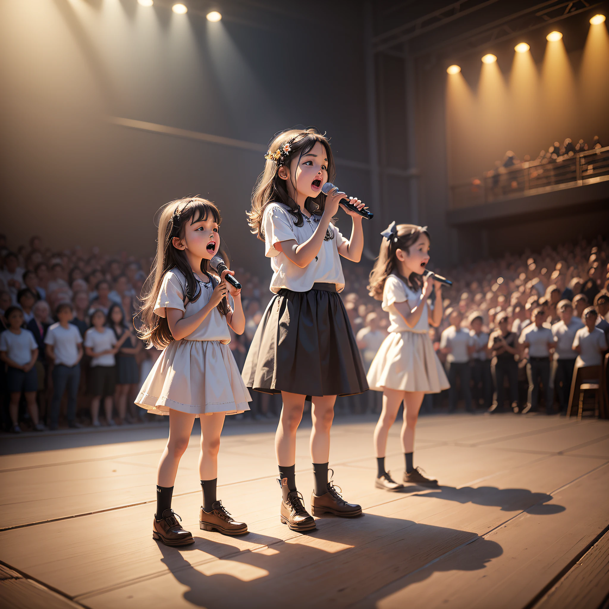 Design a poster with children standing on stage and singing in a photorealistic style. --auto --s2