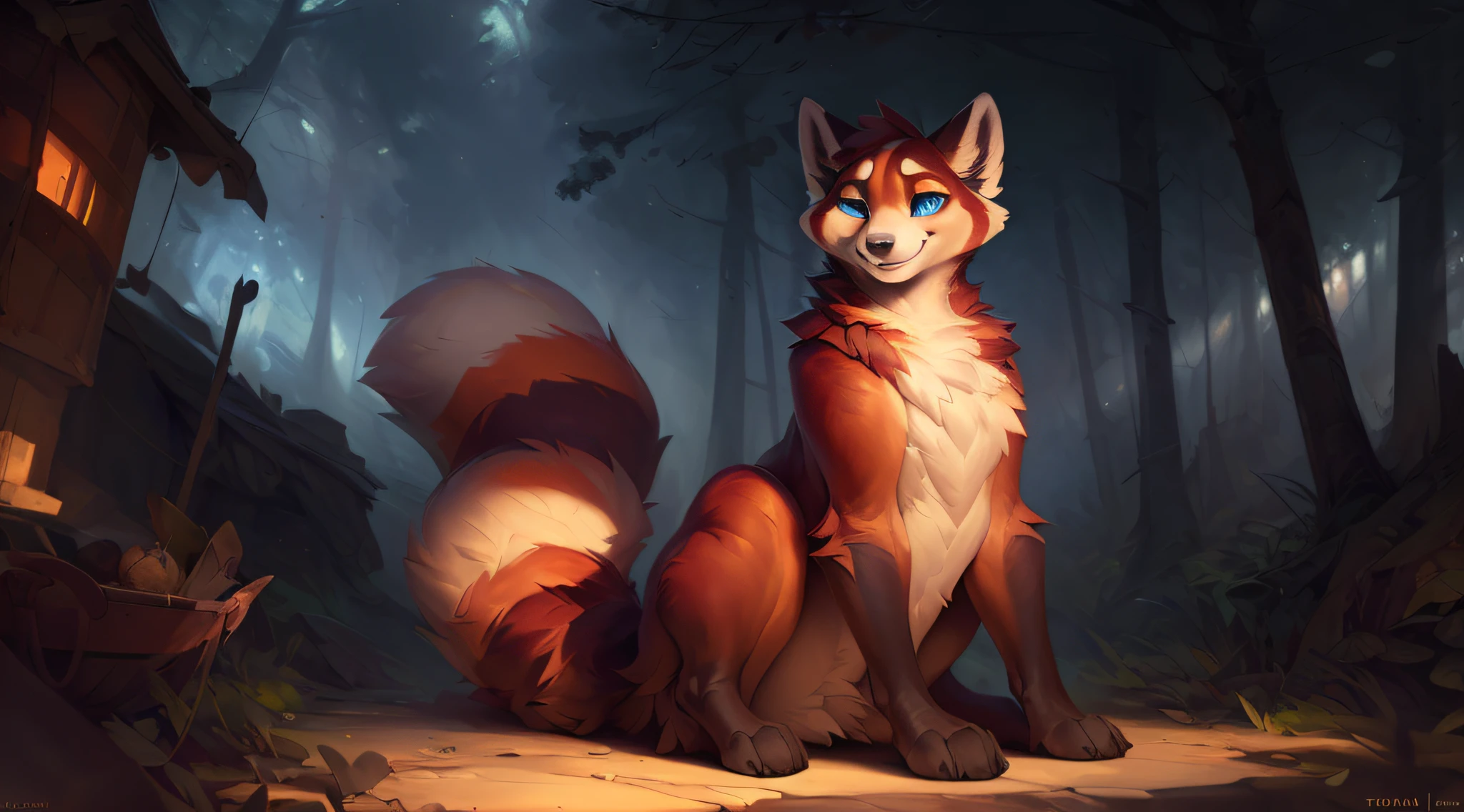 uploaded the e621, by Pixelsketcher, by Bayard Wu, by Thomas Benjamin Kennington , by Einshelm, solo (((wild))), red panda ((taur)) with (fluffy tail) and ((light navy blue eyes)), male, ((only)) male, ((male only)), (bulky chest)), ((fluffy neck)), ((portrait)), (detailed Bonifasko lighting), (detailed skin), (cinematic lighting), (detailed background)), [twilight ray], [detailed ambient light], [ambient light on belly],  (greater wildlife detail of wildlife), [explicit content], [sharp focus], (questionable content), front view, sitting, artistic genitalia, (shading), fluffy tail, relaxed tail, fluffy tail, ((masterpiece)), (detailed skin), ((detailed skin), ((seductive smile)), dynamic pose, ((seductive pose)), erect member, erect, erect