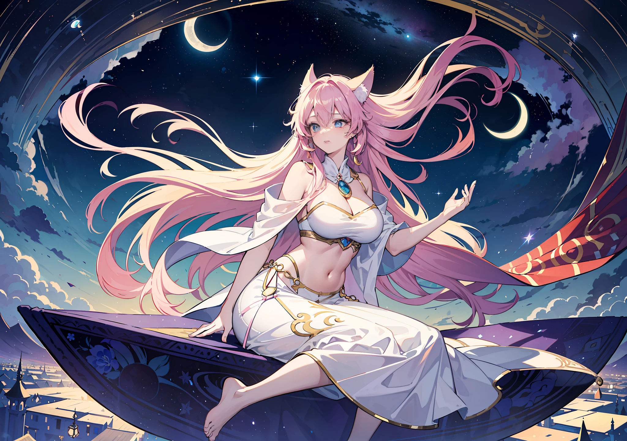 (masterpiece, top quality, best quality, beautiful illustration,official art, beautiful and aesthetic,1woman,:1.5),(floating big carpet in sky:1.8)(A woman relaxing on a carpet floating In the Night Sky:1.5),Arabian Nights, Sparkling Eyes, Fox Ears, Delicately Made Accessories, Belly Dancing Clothes, Blissful Expression, Relaxed, Fun, Masterpiece Backgrand, Night Sky, Shooting Stars, Crescent Moon,