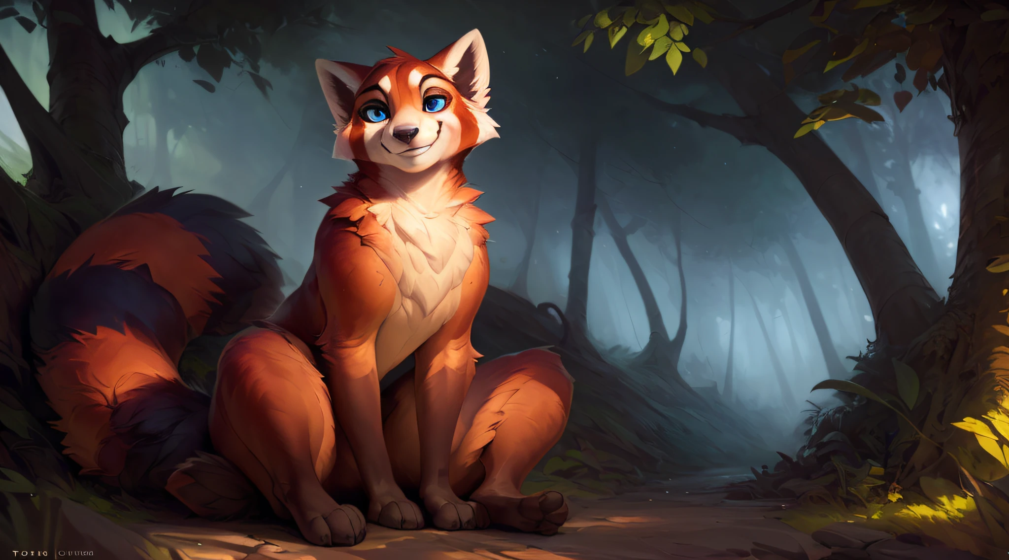 uploaded the e621, by Pixelsketcher, by Bayard Wu, by Thomas Benjamin Kennington , by Einshelm, solo (((wild))), red panda ((taur)) with (fluffy tail) and ((light navy blue eyes)), male, ((only)) male, ((male only)), (bulky chest)), ((fluffy neck)), ((portrait)), (detailed Bonifasko lighting), (detailed skin), (cinematic lighting), (detailed background)), [twilight ray], [detailed ambient light], [ambient light on belly],  (greater wildlife detail of wildlife), [explicit content], [sharp focus], (questionable content), front view, sitting, artistic genitalia, (shading), fluffy tail, relaxed tail, fluffy tail, ((masterpiece)), (detailed skin), ((detailed skin), ((seductive smile)), dynamic pose, ((seductive pose)), erect member, erect, erect