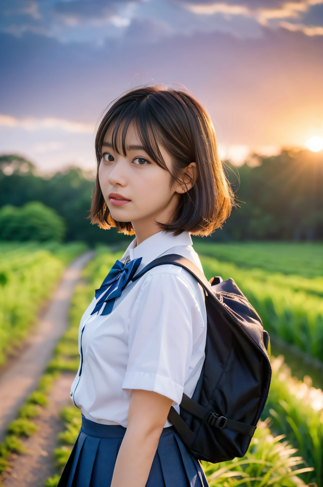 (8k, RAW photo, best quality, masterpiece:1.2), (realistic, photo realistic:1.4), hyperrealism, (masterpiece), (high resolution), (ultra-detailed), (best shadow), realistic shadow, ultra-high res, (detailed face:1.4), perfect skin, realistic skin texture, detailed skin texture, depth of field, natural blurry, professional lighting, (soft saturation:1.3), professional portrait photography,
BREAK
japanese beautiful female idol, cute, young, innocent girl, (15 years old), baby face, full lips, round face, black hair, blunt bangs, fluffy short hair,
beautiful eyes, good-looking, beautiful face, (fair skin:1.4, soft skin), no make-up, melancholy,
(slender),
school uniform, knee-length skirt, dark blue skirt, pleated skirt, short sleeves, bowtie, (white shirt), backpack,
upper body, from side,
looking at viewer, standing in a paddy field,
BREAK
(sunset), (Her hair is swept by the wind:1.4), rural landscape, footpath between rice fields, a great many (hydrangeas), full bloom, colorful, flowers, enchanting, magical, dramatic sky, way home, golden hour, (warm tones:1.2), soft shadows, sun flare,