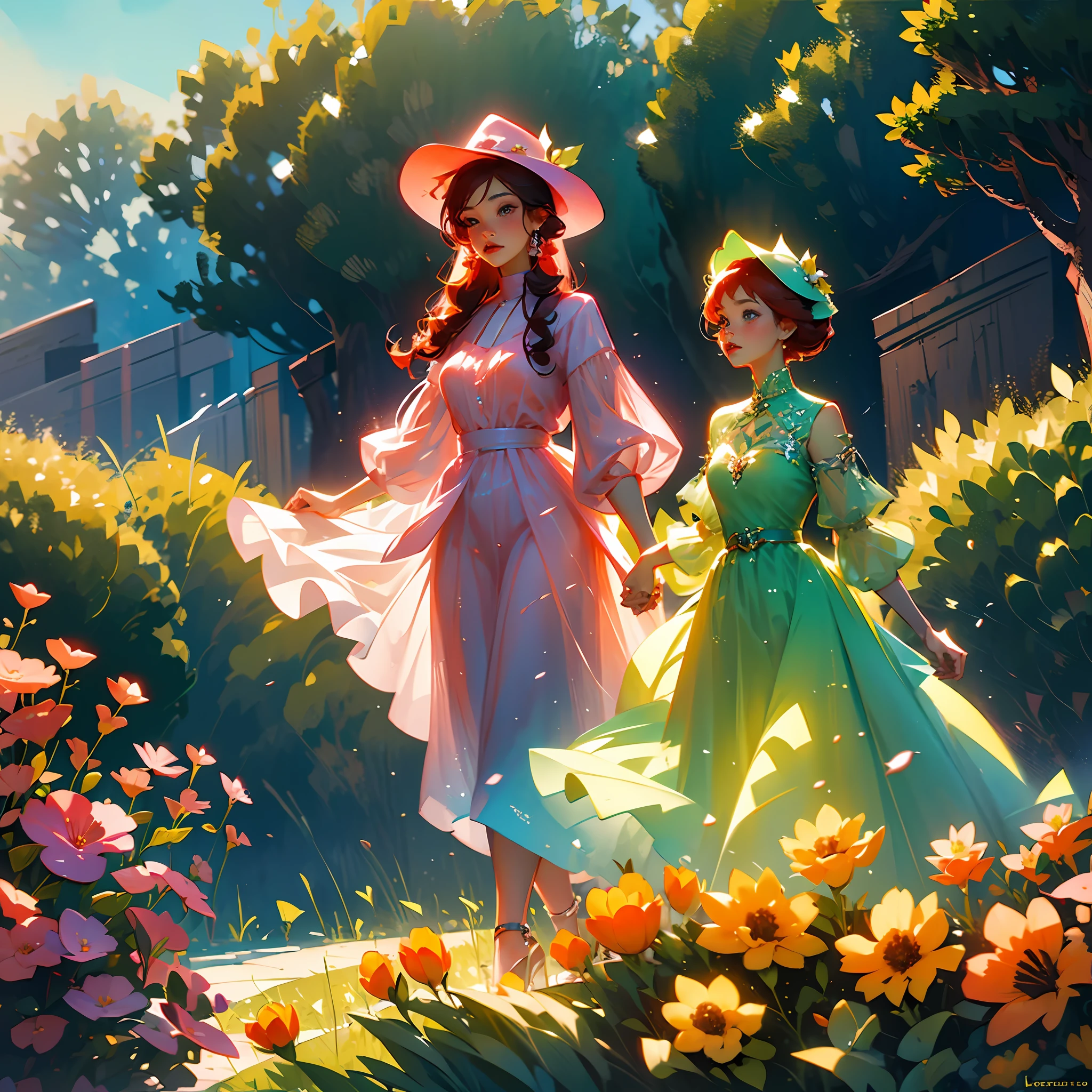 a woman with a graceful feature of red hair and a hat with a frog above it, she is in a pink flowery dress with an orange and blue tulle with cute and ethereal atmosphere in a garden with green grass and beautiful and magnificent flowers, she is with a cheerful and gleaming feature with perfect and prestigious shading,  splashart, body lines, vibrant colors, exquisite details, cinematic, artstation, detailed face, by rossdraws, by Kienan Lafferty