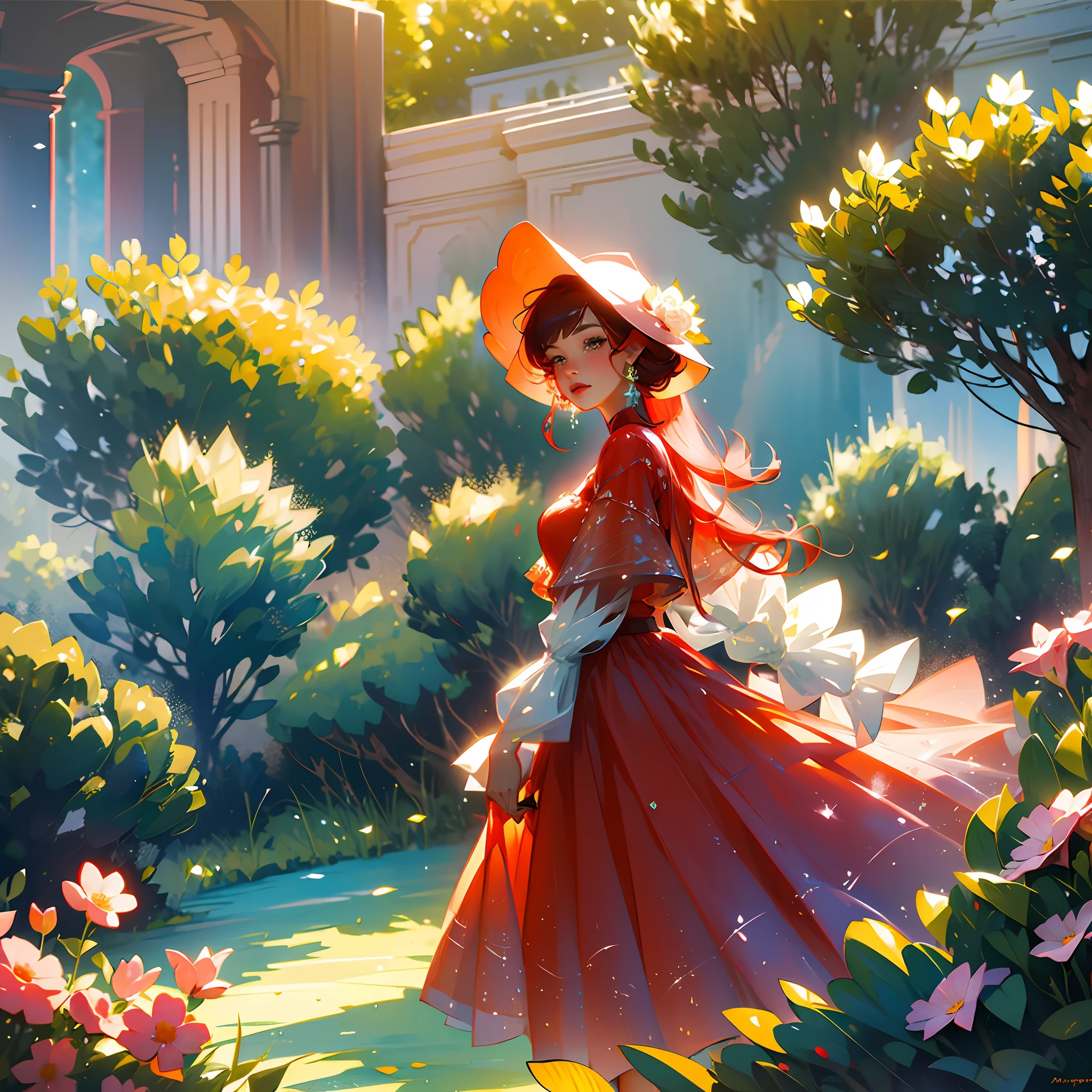 a woman with a graceful feature of red hair and a hat with a frog above it, she is in a pink flowery dress with an orange and blue tulle with cute and ethereal atmosphere in a garden with green grass and beautiful and magnificent flowers, she is with a cheerful and gleaming feature with perfect and prestigious shading, splashart, body lines, vibrant colors, exquisite details, cinematic, artstation, detailed face, by rossdraws, by Kienan Lafferty