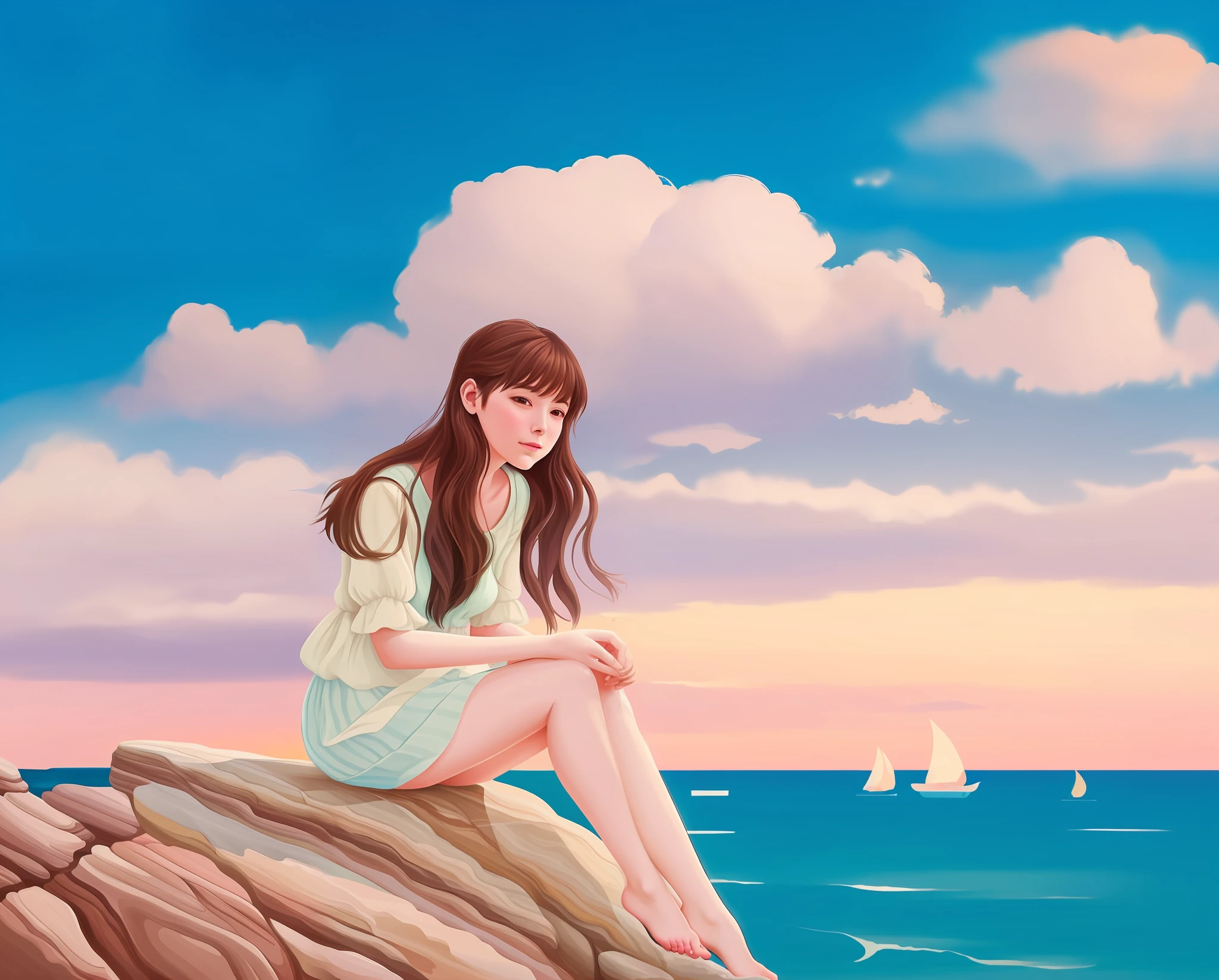 painting of a woman sitting on a rock looking out at the ocean, in the art style of bowater, made with anime painter studio, serene illustration, painted in anime painter studio, beautiful girl on the horizon, dreamy illustration, blurry and dreamy illustration, blurred and dreamy illustration, in style of digital painting, dreamlike digital painting, watercolor digital painting, girl watching sunset