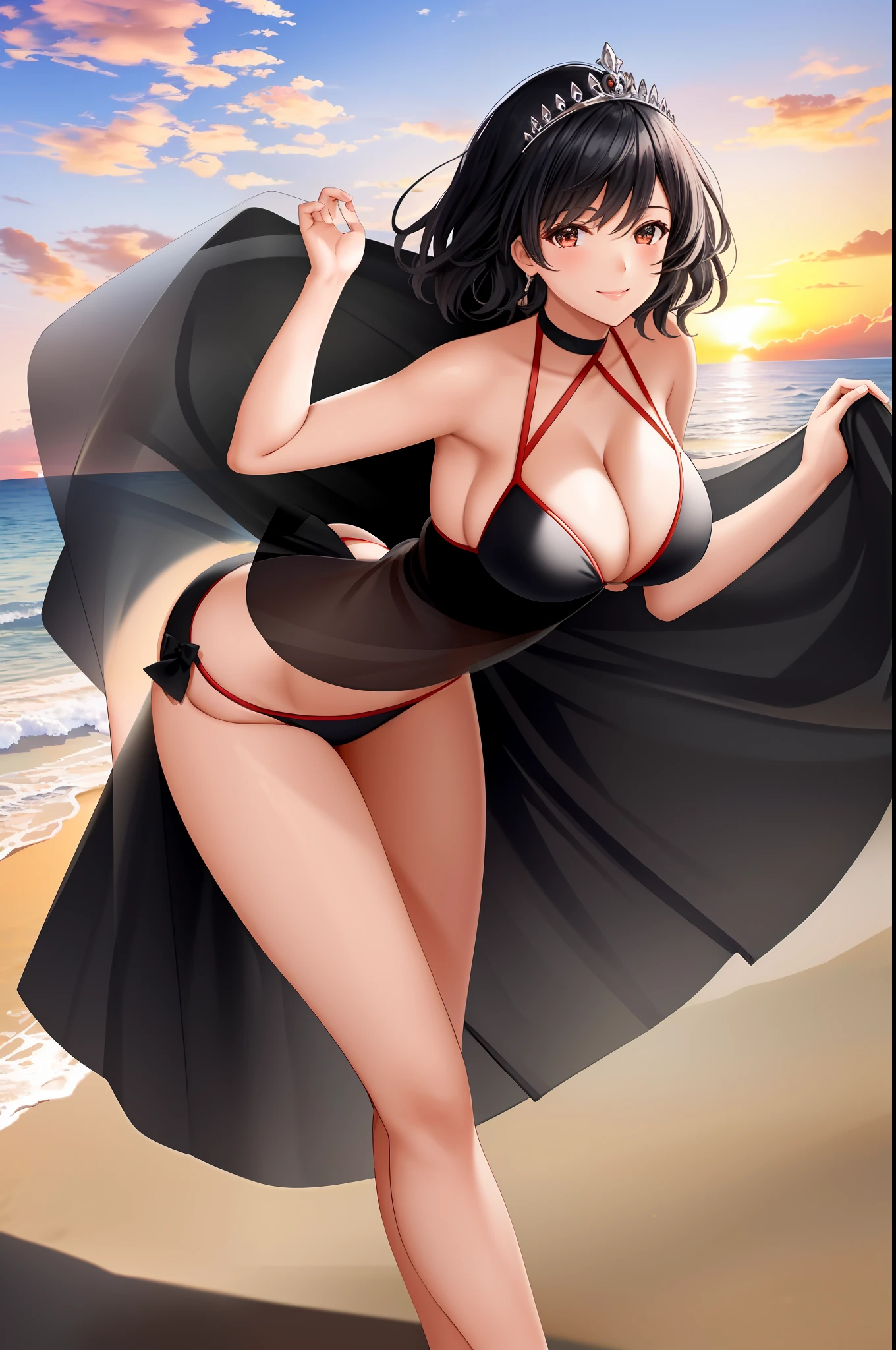 dynamic pose, two, smiling, black hair, short cut, tiara, beautiful legs, long legs, wide ass, turn around, summer, red bikini, big, cleavage, emphasis on cleavage, beach, beautiful sunset,  boy, swimsuit, studio quality, 8k, (photorealistic), (details), transfer, colorful, 50mm