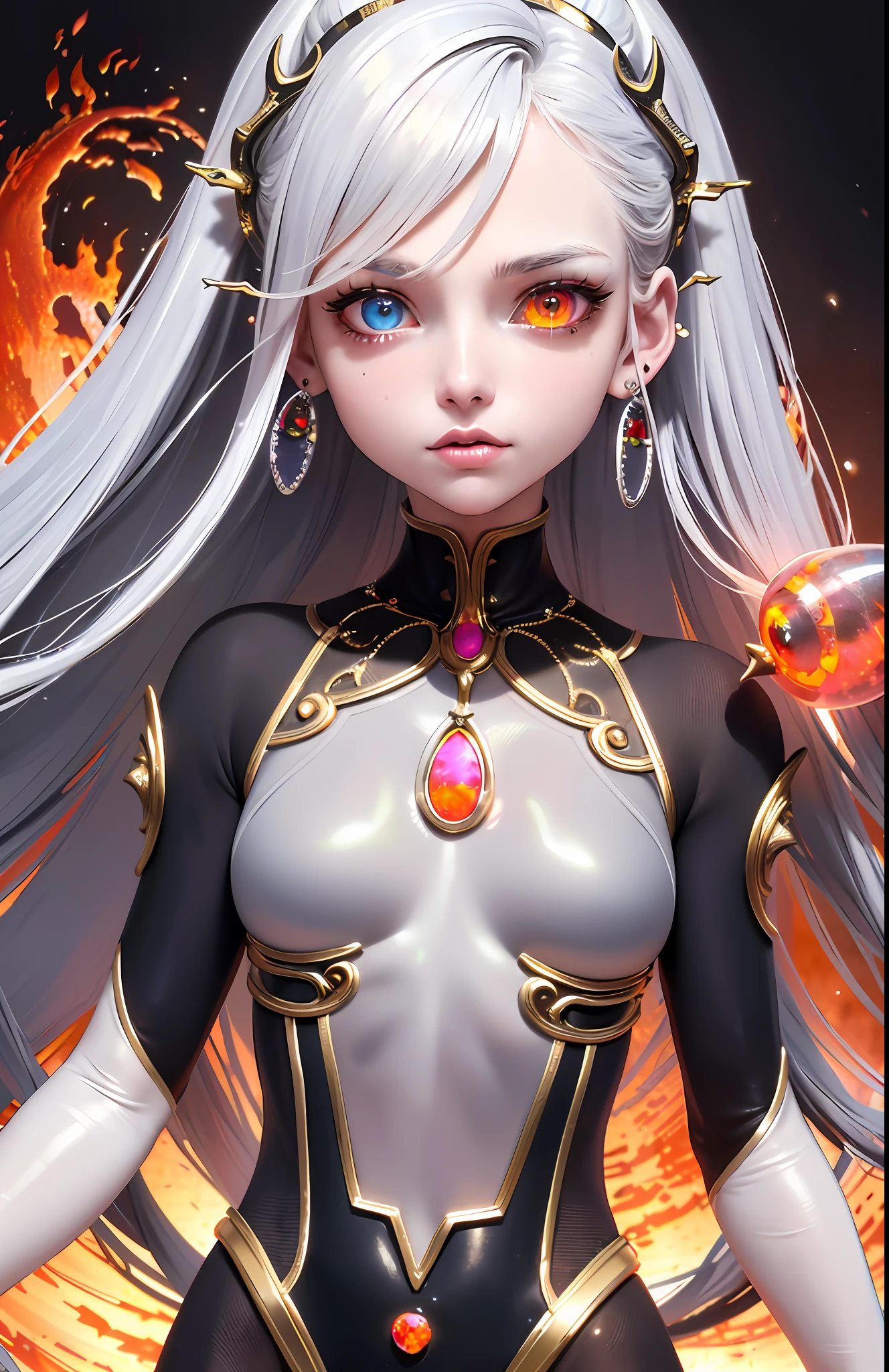 Best, Masterpiece, High Resolution, Best Quality, Ultra HD, Super Detail, Award-Standing, 16k, (Upper Body), Anatomically Correct, Beautiful Maiden, Gray Hair, Hair Strands, ((Fire Opal-like Heterochromic Pupil)), Hanging Eye Corners, Fair Skin, (Small), (Slim Body), ((Plugsuit)), Stud Earrings, (Neck Ring)