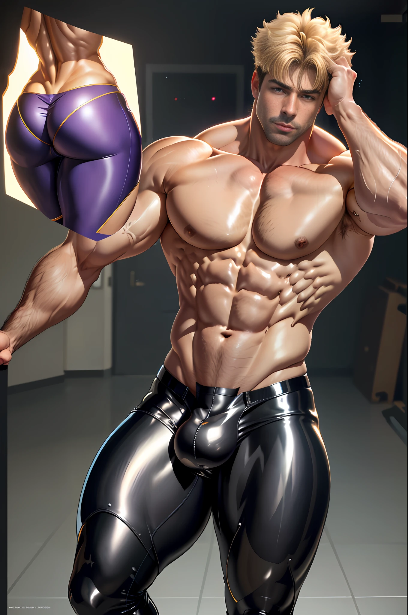 (1boy) (extremely detailed CG unity 8k wallpaper),(best illumination, best shadow, an extremely delicate and beautiful) Male adult entertainment super star zeb atlas, Latex pants (Futa outline Bulge in pants)