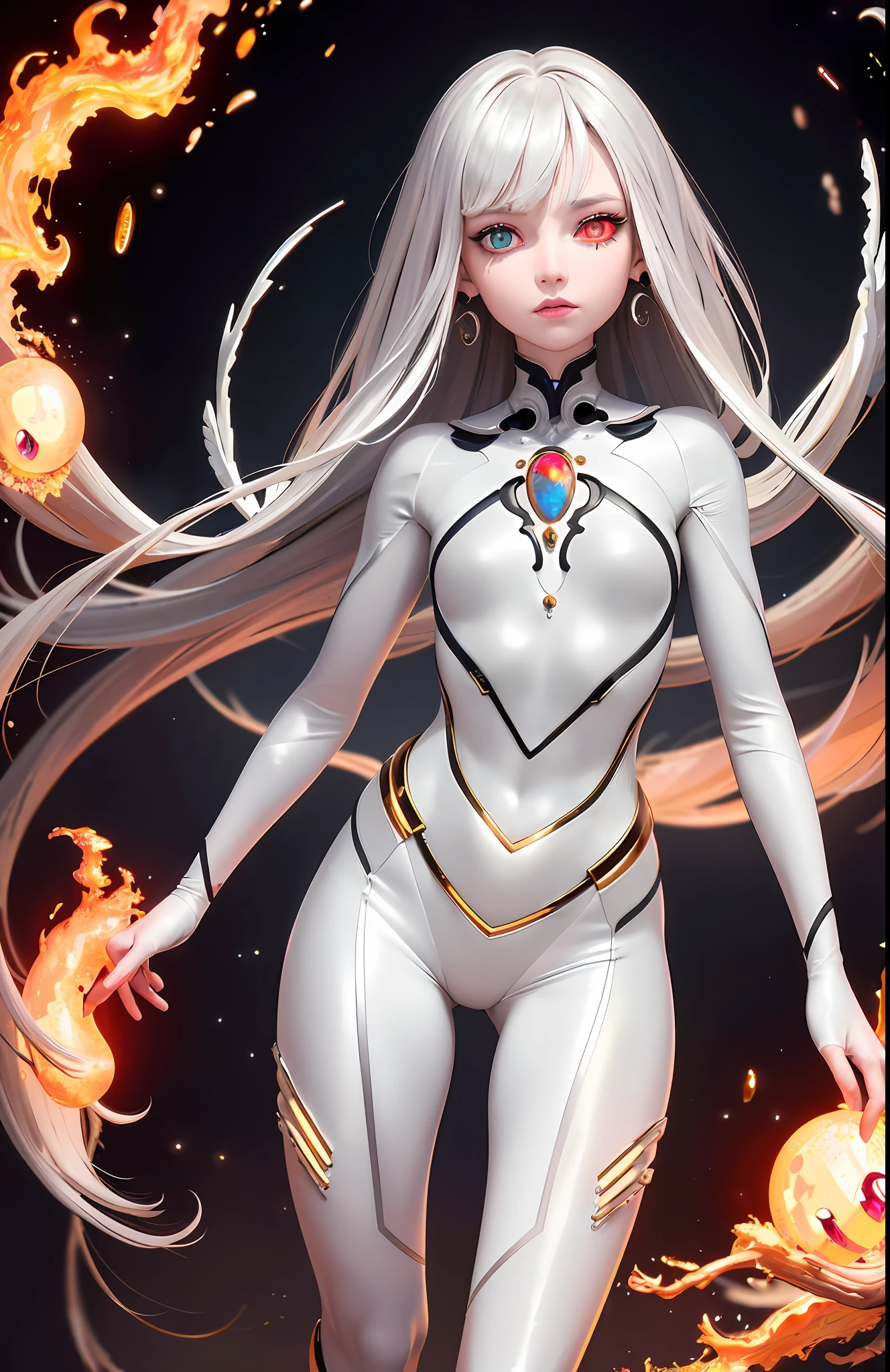 Best, Masterpiece, High Resolution, Best Quality, Ultra HD, Super Detail, Award-Standing, 16k, (Upper Body), Anatomically Correct, Beautiful Maiden, Gray Hair, Hair Strands, ((Fire Opal-like Heterochromic Pupil)), Hanging Eye Corners, Fair Skin, (Small), (Slim Body), ((Plugsuit)), Stud Earrings, (Neck Ring)